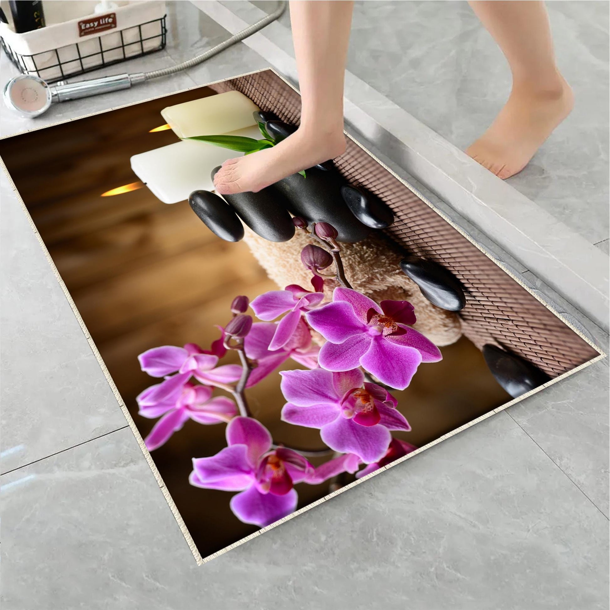 Spa Candles Purple Flowers Bathroom Rug - Floral Non Slip Bath Mat, Quick Dry Washable Toilet Mat, Soft Modern Bathroom Decor
