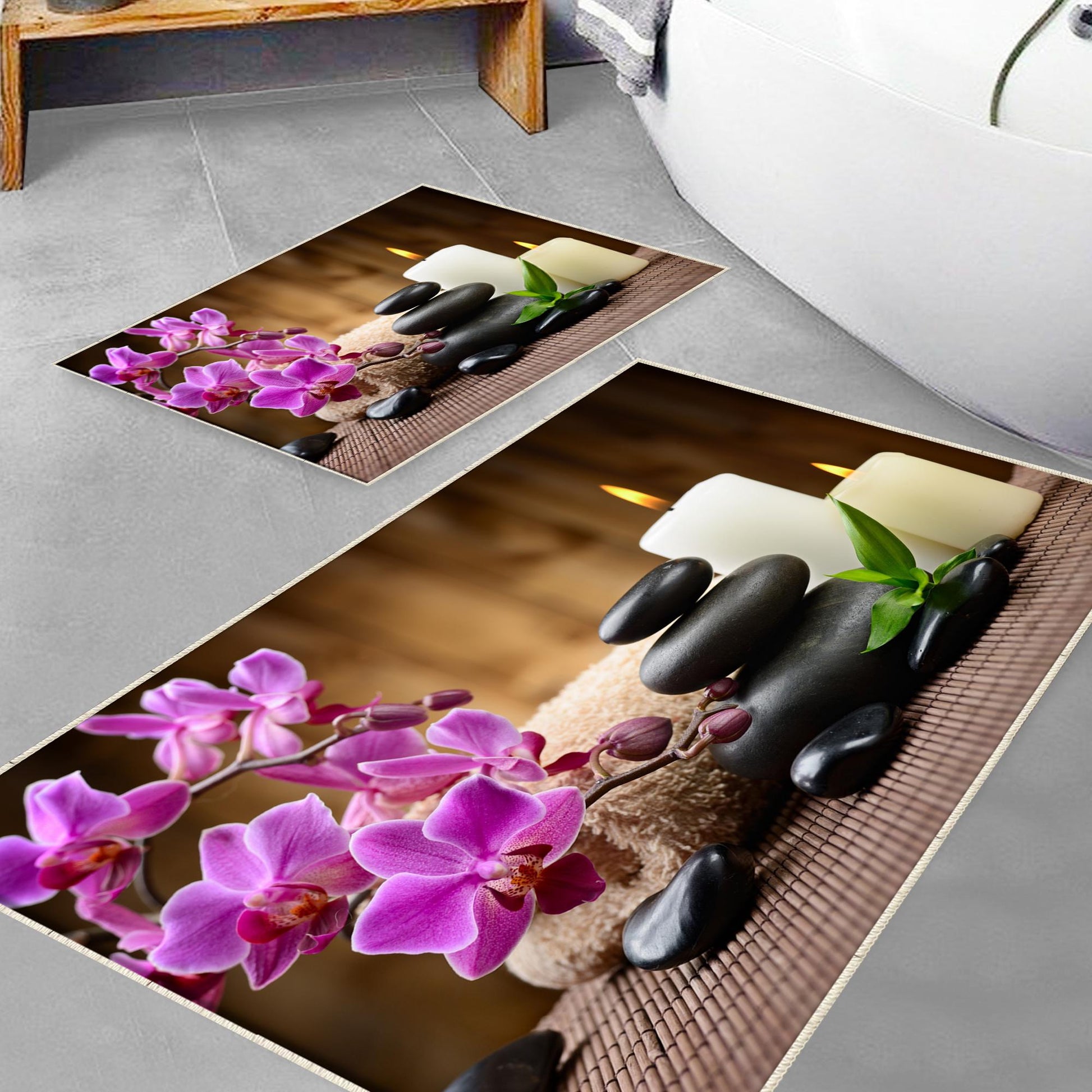 Spa Candles Purple Flowers Bathroom Rug - Floral Non Slip Bath Mat, Quick Dry Washable Toilet Mat, Soft Modern Bathroom Decor
