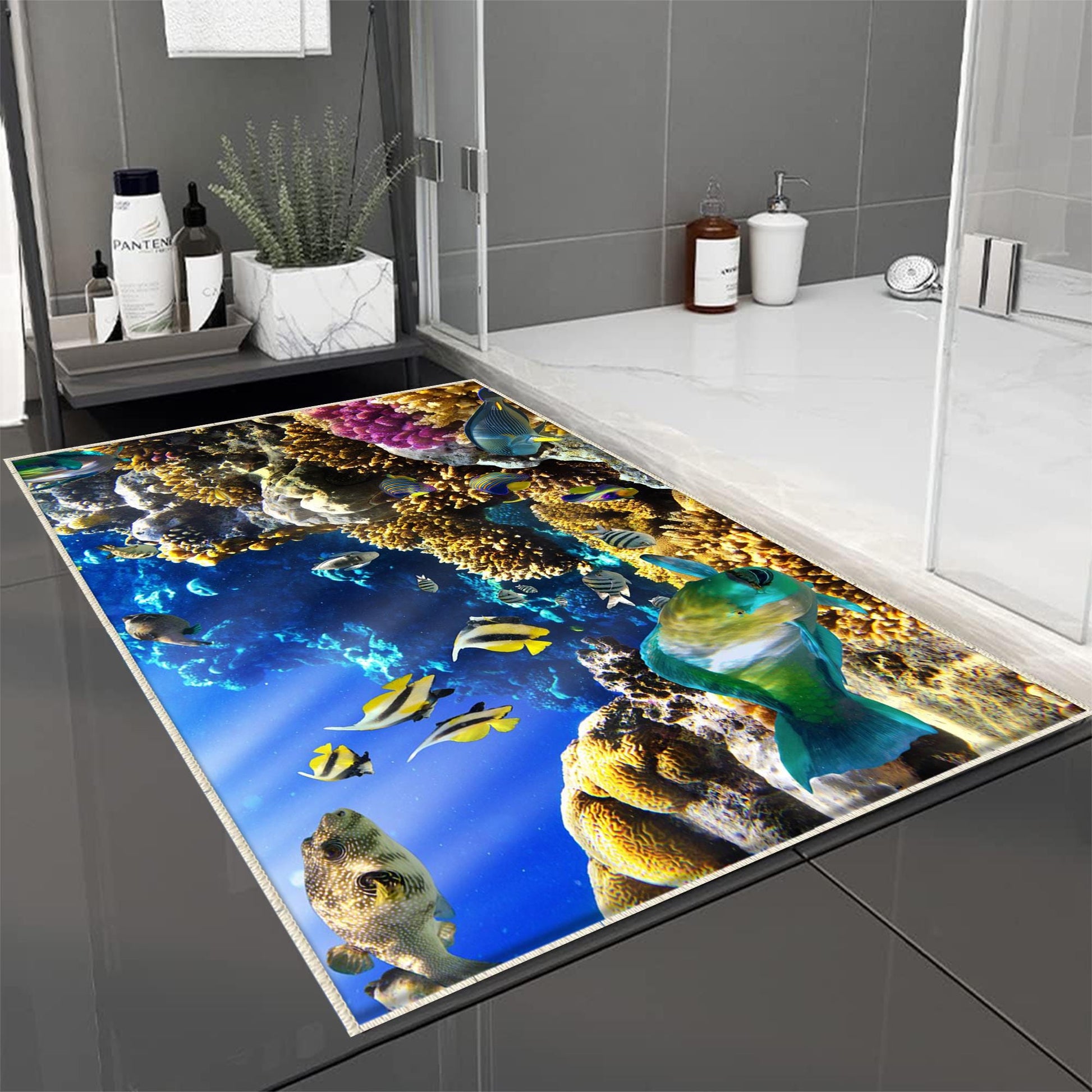 Under Sea Fishes Bathroom Rug - Tropical Aquarium Non Slip Bath Mat, Quick Dry Washable Toilet Mat, Soft Modern Bathroom Decor