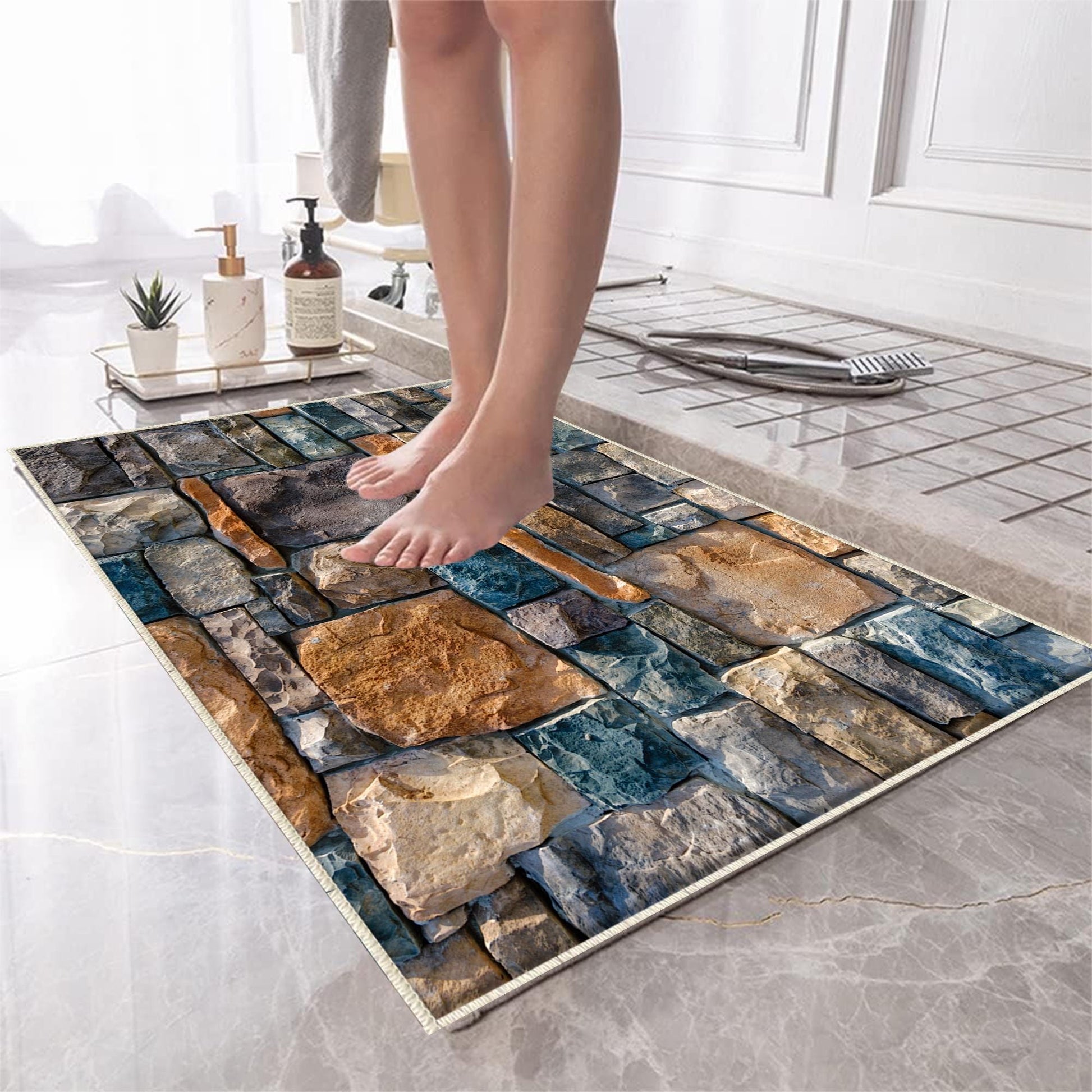 Colorful Old Wall Stone Design Bathroom Rug - Non Slip Bath Mat, Quick Dry Washable Toilet Mat, Soft Modern Bathroom Decor