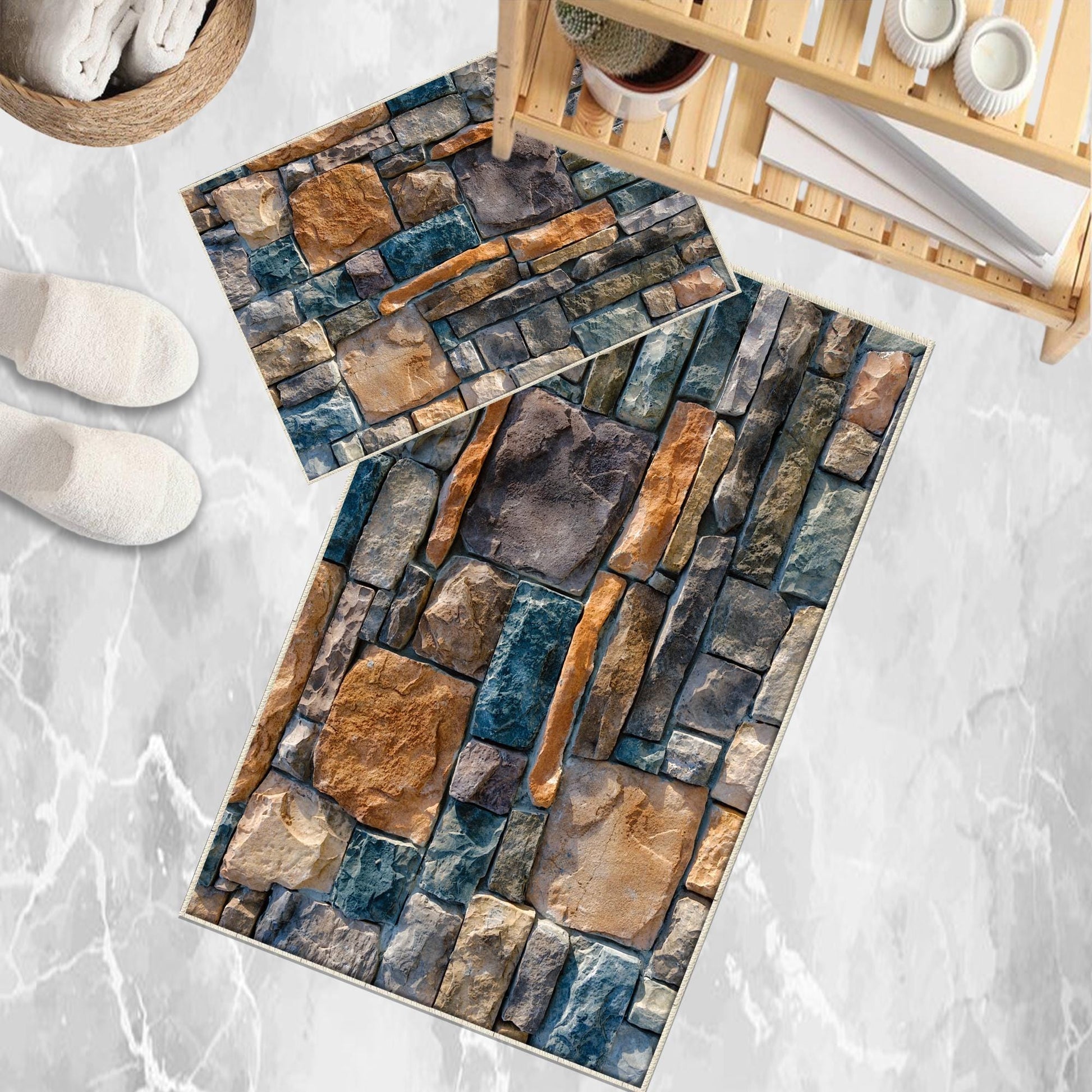 Colorful Old Wall Stone Design Bathroom Rug - Non Slip Bath Mat, Quick Dry Washable Toilet Mat, Soft Modern Bathroom Decor
