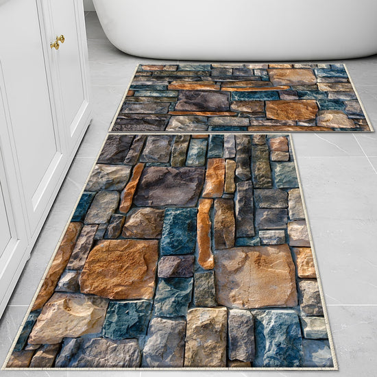 Colorful Old Wall Stone Design Bathroom Rug - Non Slip Bath Mat, Quick Dry Washable Toilet Mat, Soft Modern Bathroom Decor