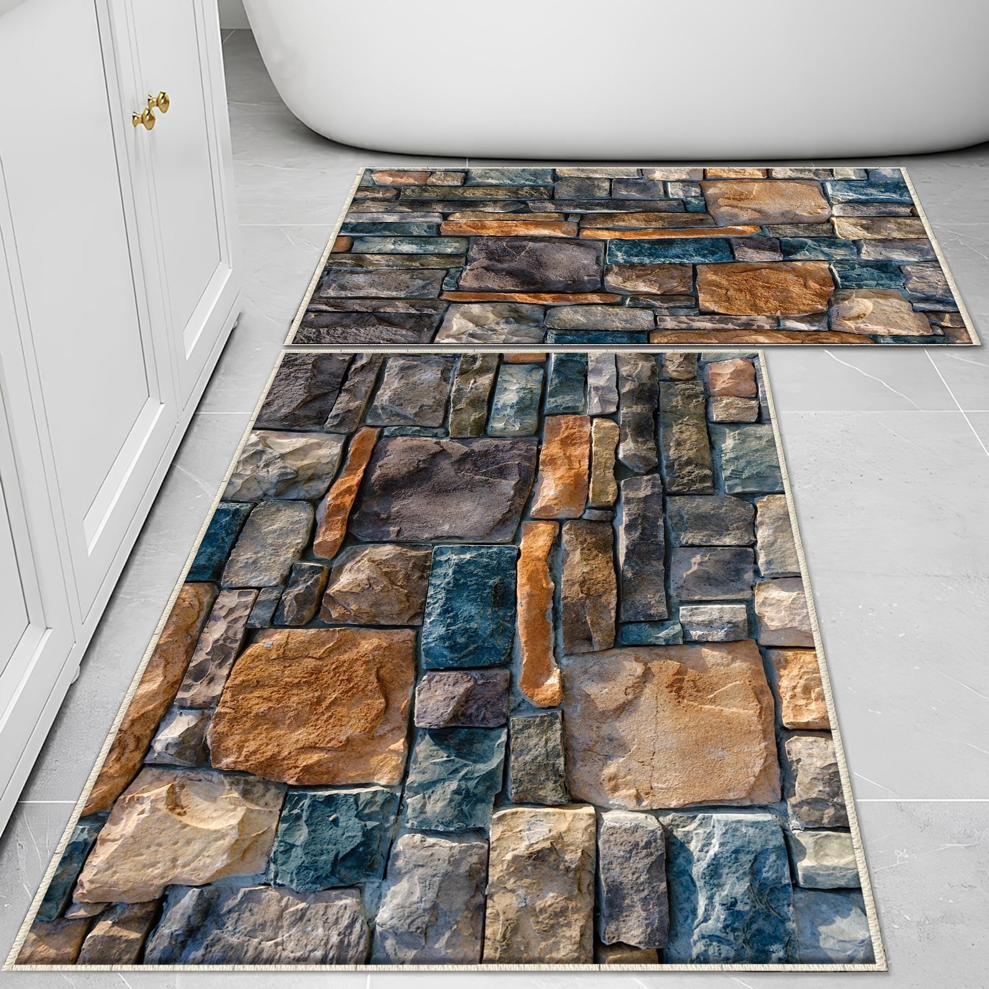 Colorful Old Wall Stone Design Bathroom Rug - Non Slip Bath Mat, Quick Dry Washable Toilet Mat, Soft Modern Bathroom Decor