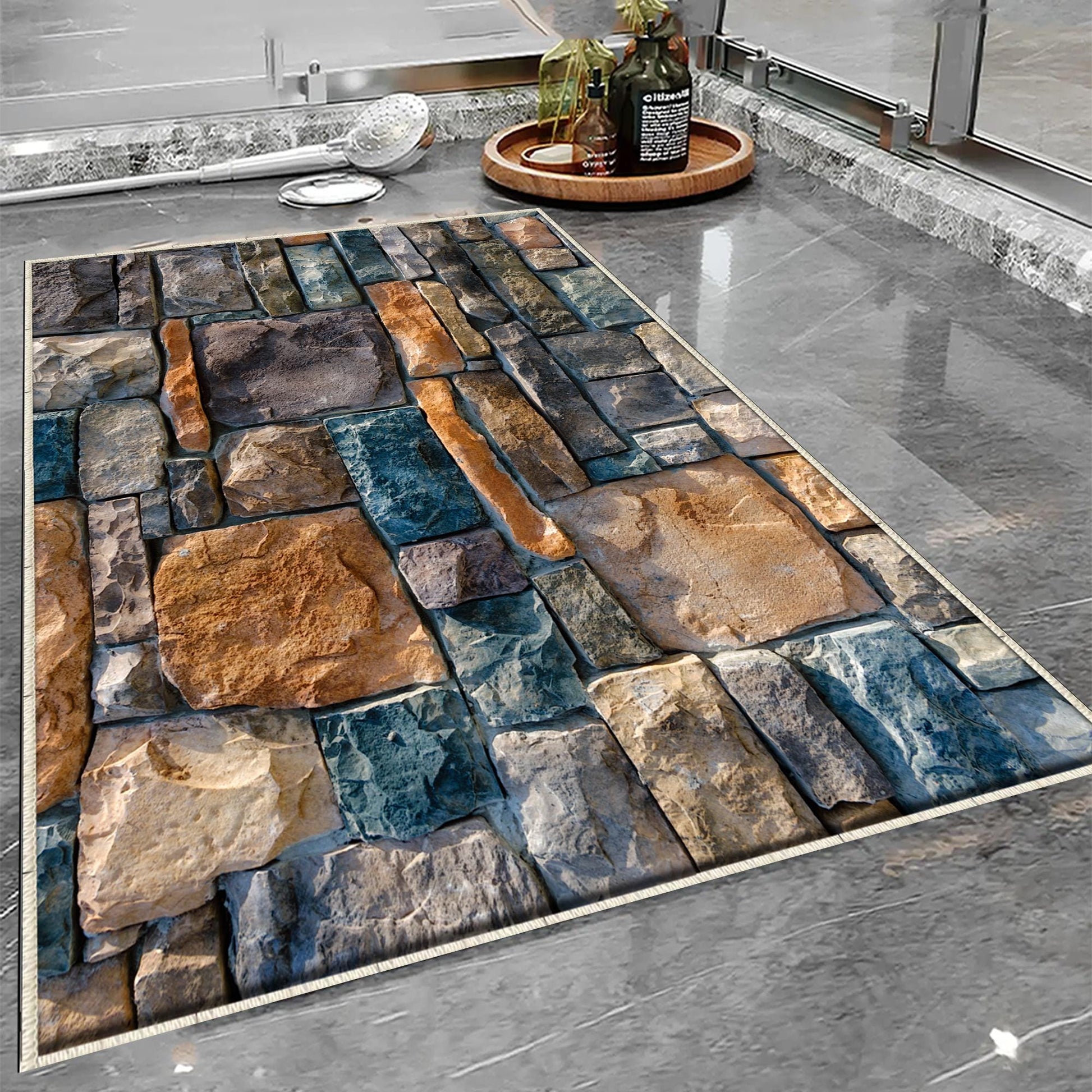 Colorful Old Wall Stone Design Bathroom Rug - Non Slip Bath Mat, Quick Dry Washable Toilet Mat, Soft Modern Bathroom Decor