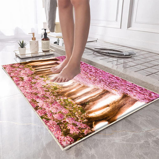 Pink Tree Leaves Forest Path Bathroom Rug - Non Slip Bath Mat, Quick Dry Washable Toilet Mat, Soft Modern Bathroom Decor