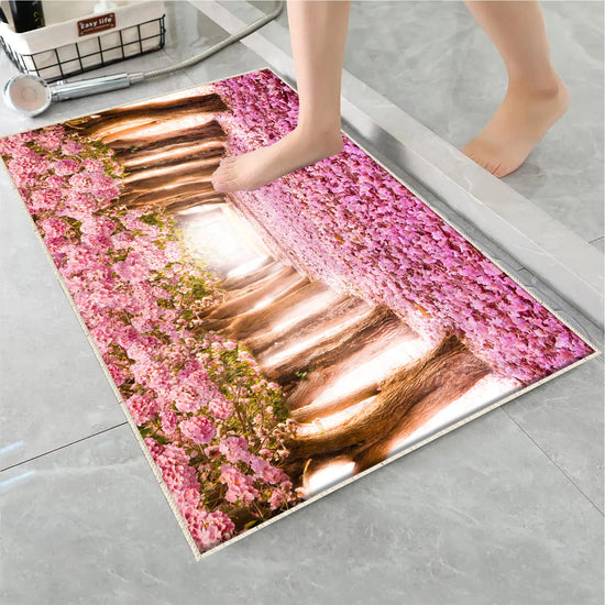Pink Tree Leaves Forest Path Bathroom Rug - Non Slip Bath Mat, Quick Dry Washable Toilet Mat, Soft Modern Bathroom Decor