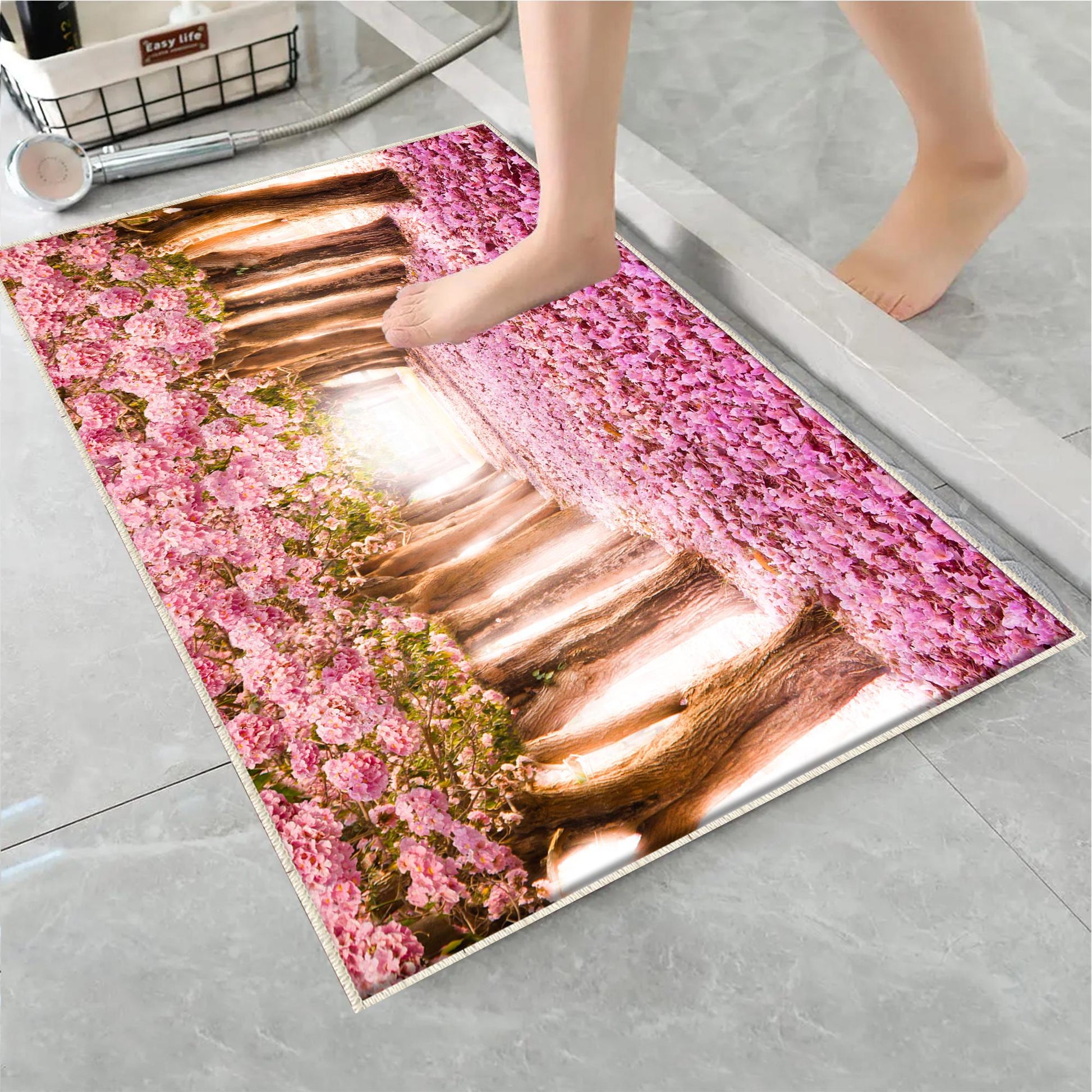 Pink Tree Leaves Forest Path Bathroom Rug - Non Slip Bath Mat, Quick Dry Washable Toilet Mat, Soft Modern Bathroom Decor