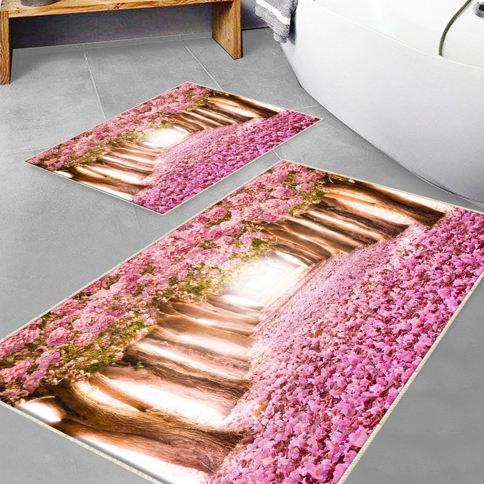 Pink Tree Leaves Forest Path Bathroom Rug - Non Slip Bath Mat, Quick Dry Washable Toilet Mat, Soft Modern Bathroom Decor