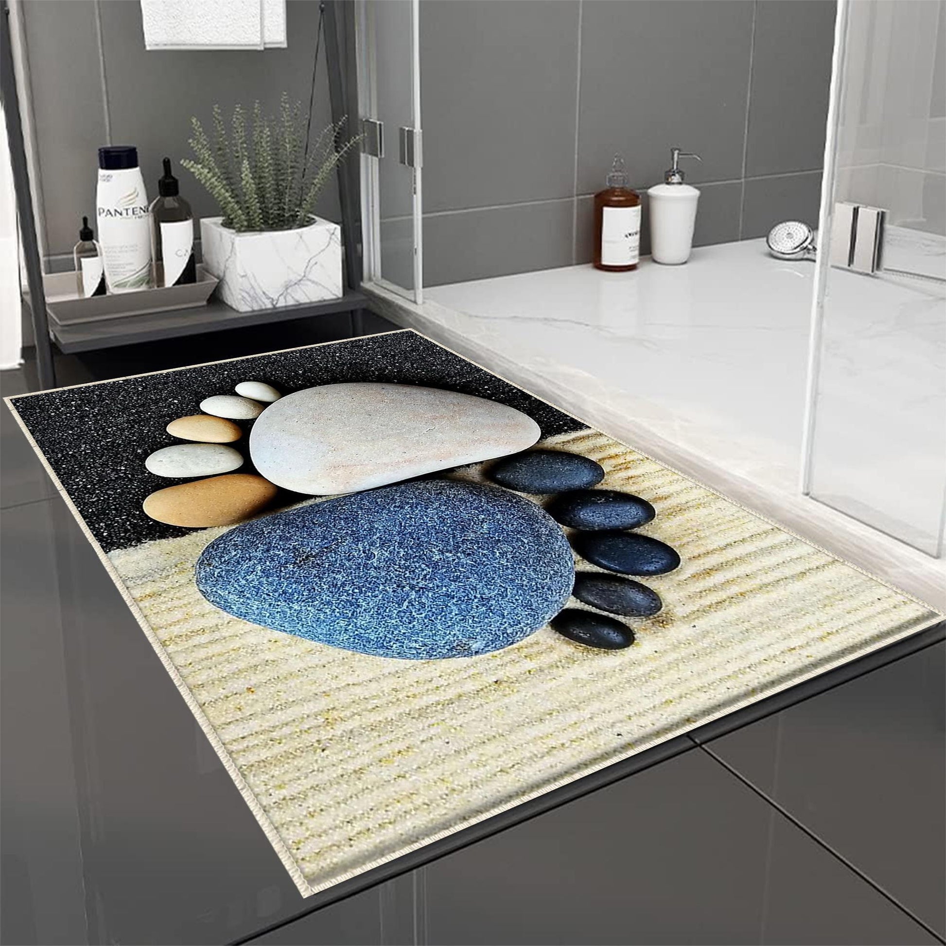 Blue Black Foot Stones Bathroom Rug - Non Slip Bath Mat, Quick Dry Washable Toilet Mat, Soft Modern Bathroom Decor