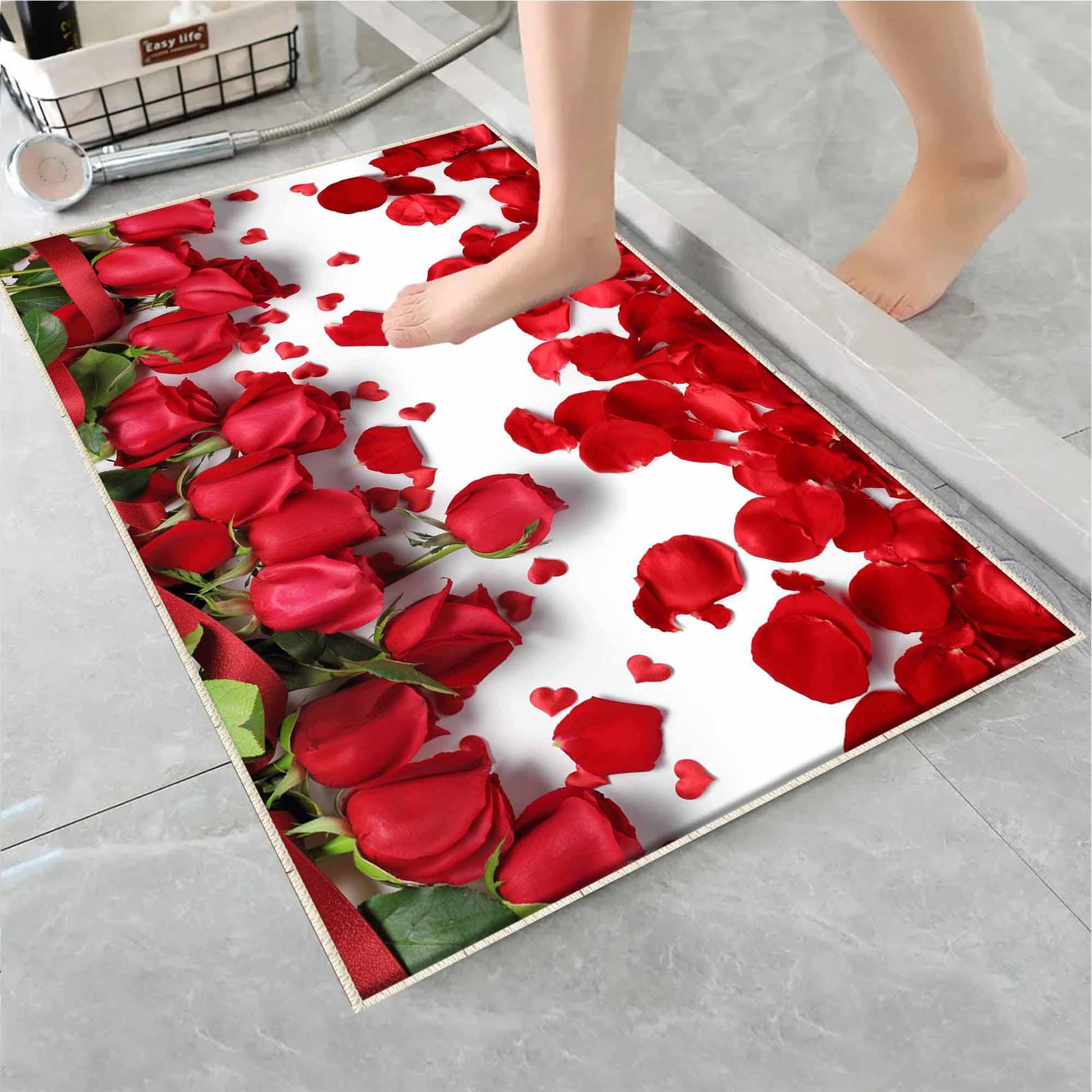 Red Roses Leaves Floral Flowers Bathroom Rug - Non Slip Bath Mat, Quick Dry Washable Toilet Mat, Soft Modern Bathroom Decor