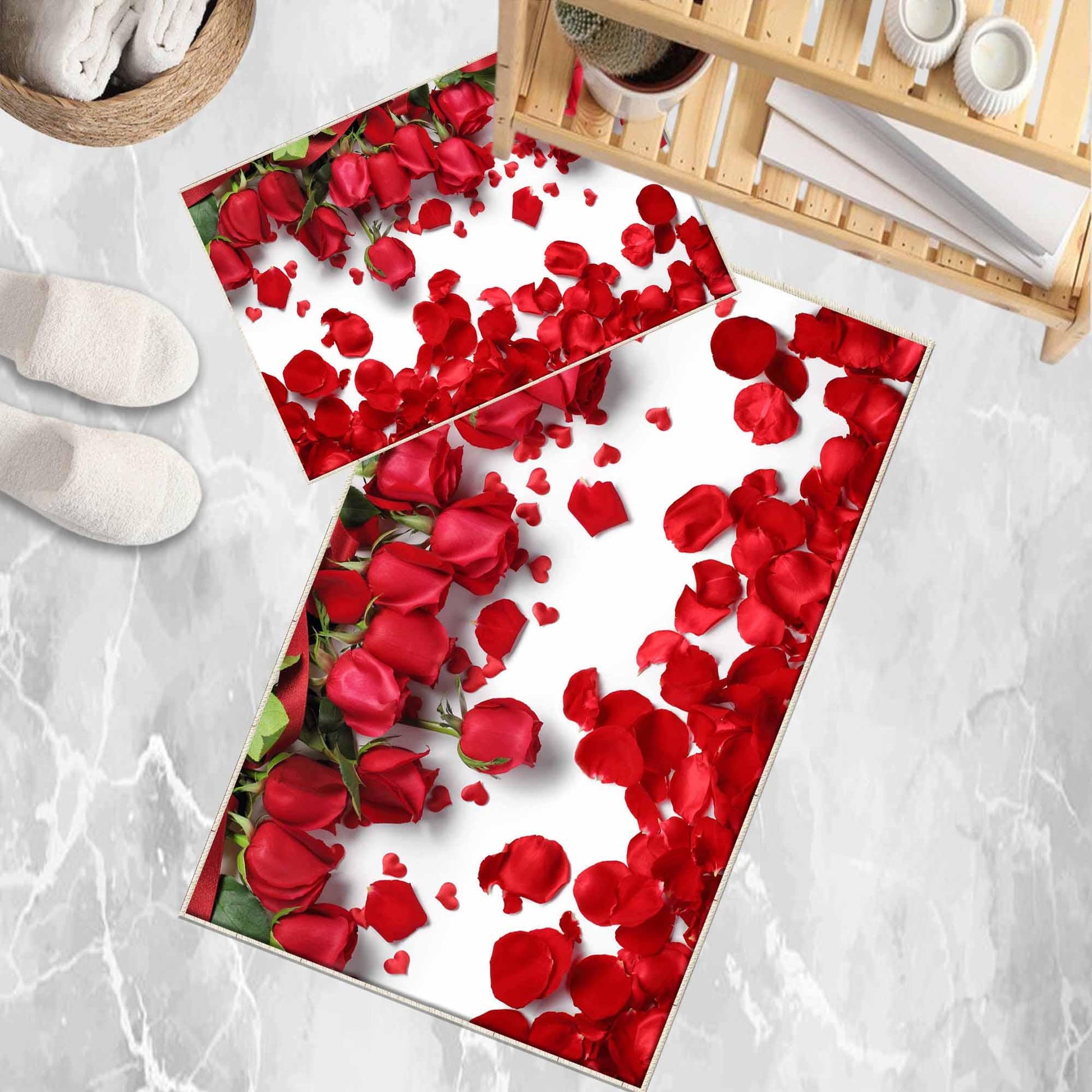 Red Roses Leaves Floral Flowers Bathroom Rug - Non Slip Bath Mat, Quick Dry Washable Toilet Mat, Soft Modern Bathroom Decor