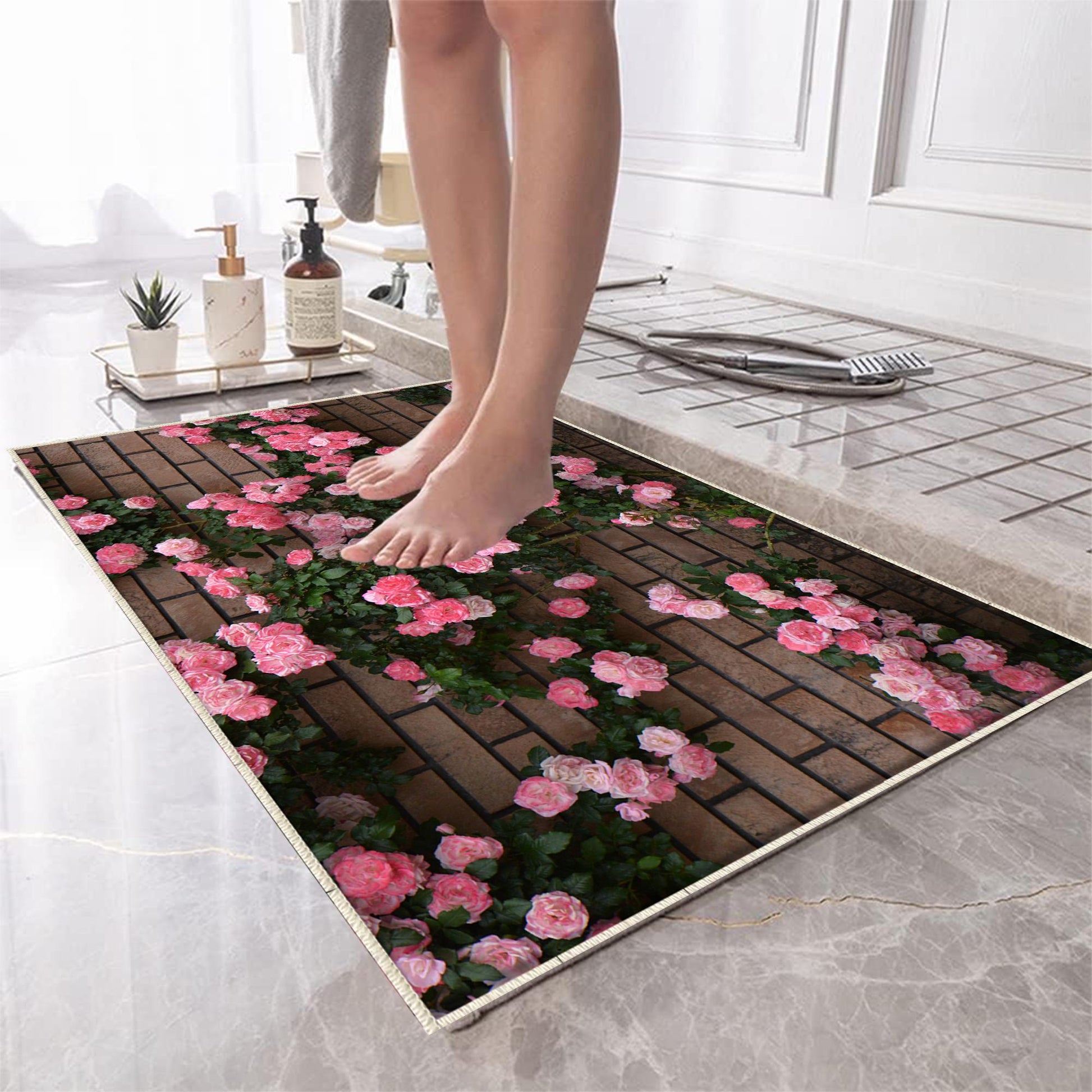 Pink ivy Roses on Wall Bathroom Rug - Floral Flowers Non Slip Bath Mat, Quick Dry Washable Toilet Mat, Soft Modern Bathroom Decor