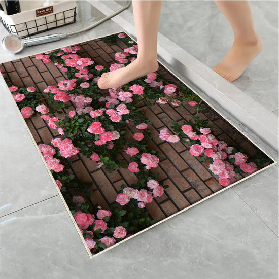 Pink ivy Roses on Wall Bathroom Rug - Floral Flowers Non Slip Bath Mat, Quick Dry Washable Toilet Mat, Soft Modern Bathroom Decor