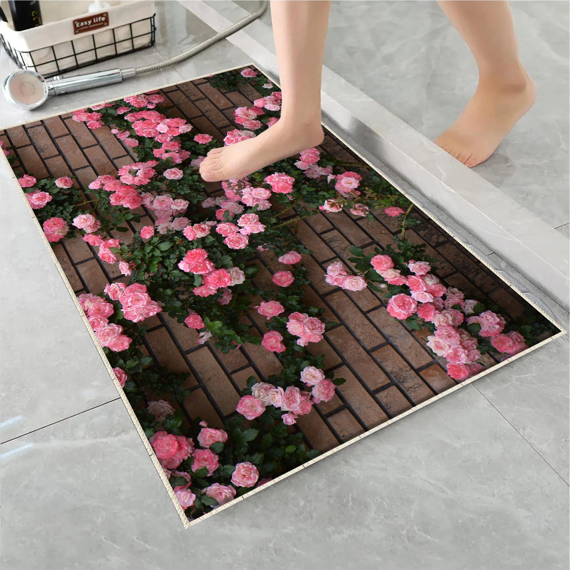 Pink ivy Roses on Wall Bathroom Rug - Floral Flowers Non Slip Bath Mat, Quick Dry Washable Toilet Mat, Soft Modern Bathroom Decor