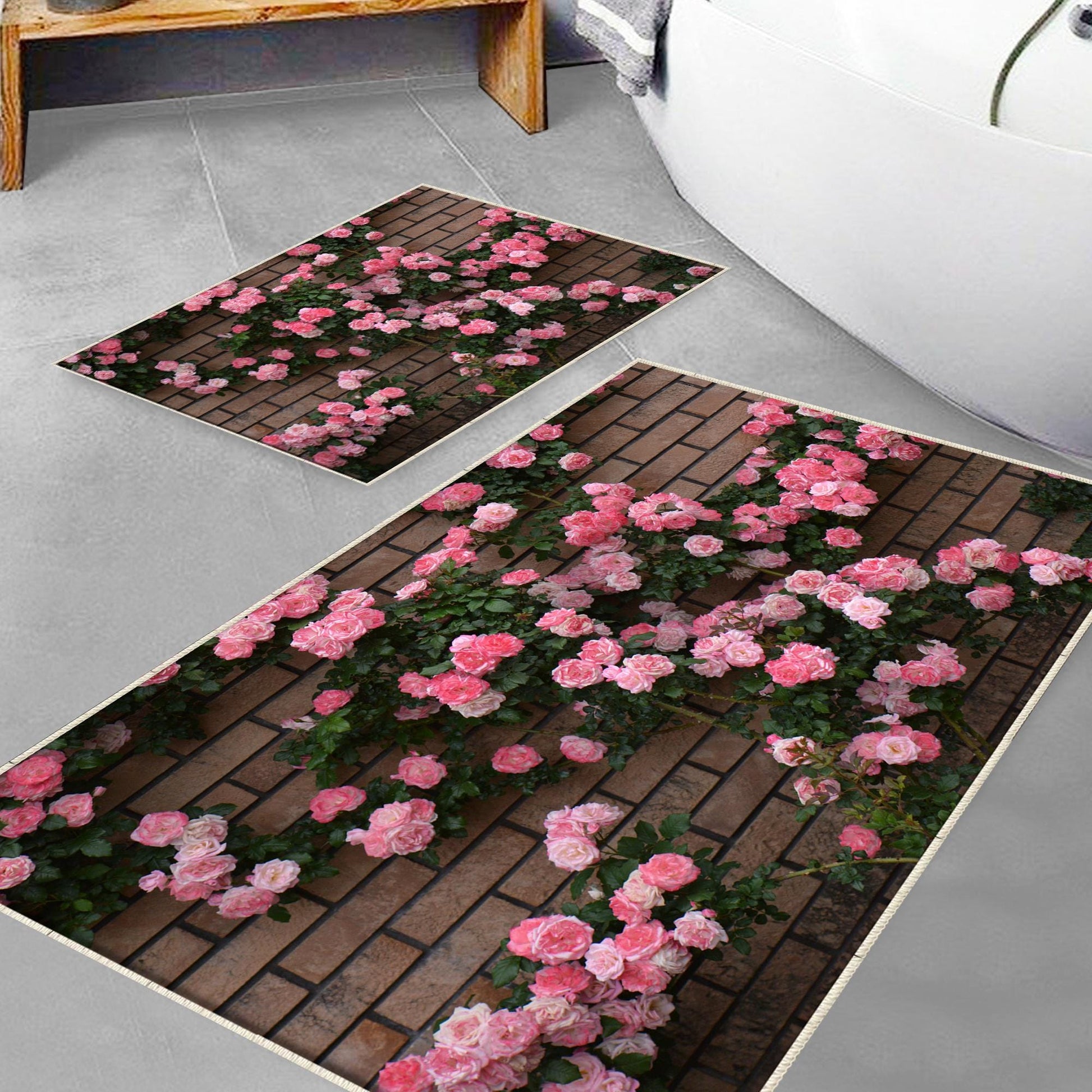 Pink ivy Roses on Wall Bathroom Rug - Floral Flowers Non Slip Bath Mat, Quick Dry Washable Toilet Mat, Soft Modern Bathroom Decor