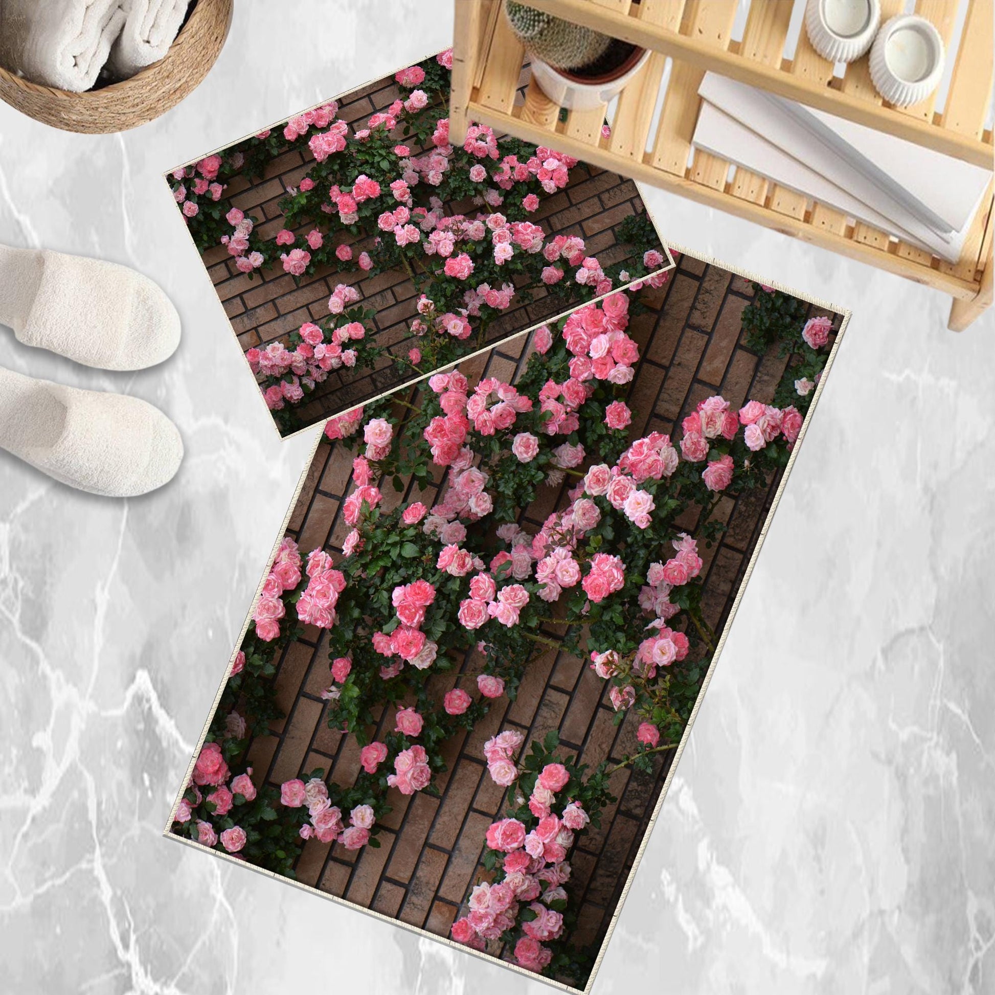 Pink ivy Roses on Wall Bathroom Rug - Floral Flowers Non Slip Bath Mat, Quick Dry Washable Toilet Mat, Soft Modern Bathroom Decor