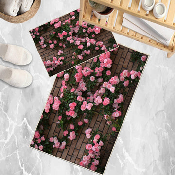 Pink ivy Roses on Wall Bathroom Rug - Floral Flowers Non Slip Bath Mat, Quick Dry Washable Toilet Mat, Soft Modern Bathroom Decor