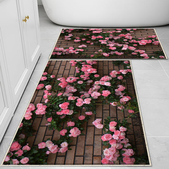 Pink ivy Roses on Wall Bathroom Rug - Floral Flowers Non Slip Bath Mat, Quick Dry Washable Toilet Mat, Soft Modern Bathroom Decor
