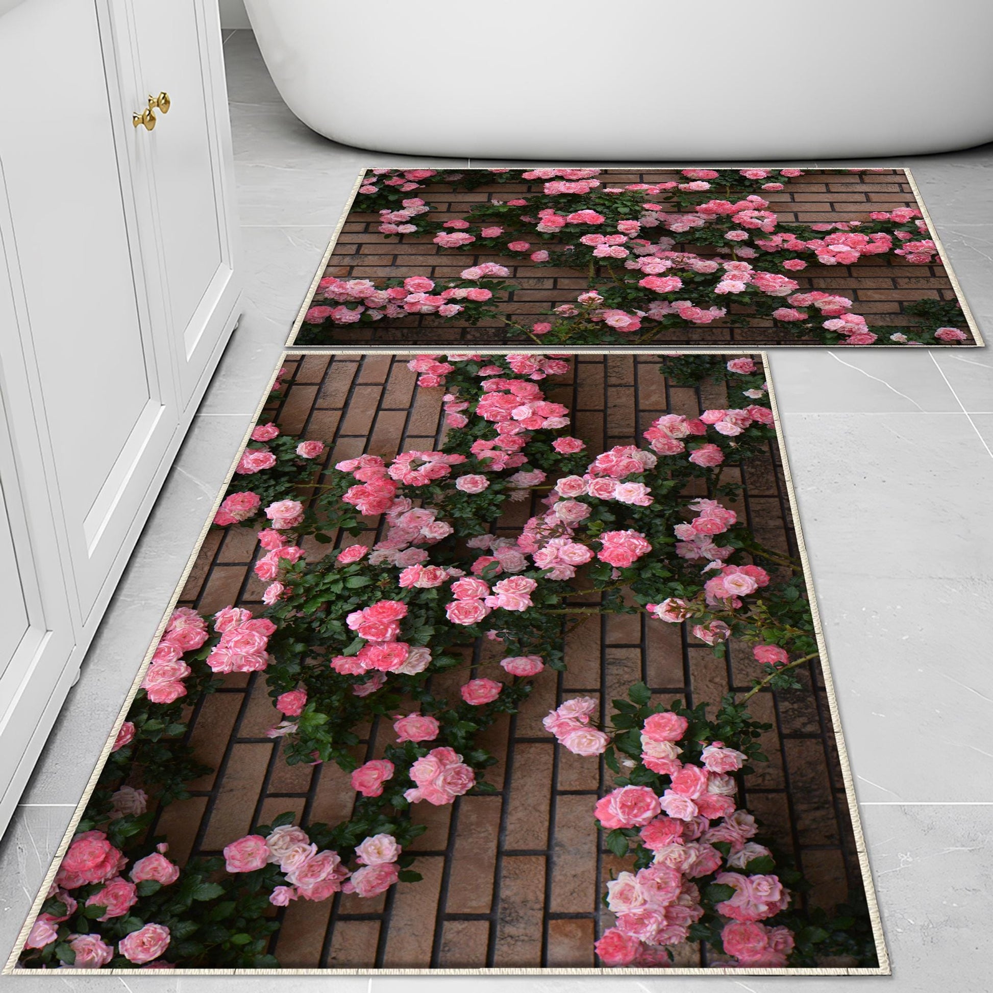 Pink ivy Roses on Wall Bathroom Rug - Floral Flowers Non Slip Bath Mat, Quick Dry Washable Toilet Mat, Soft Modern Bathroom Decor