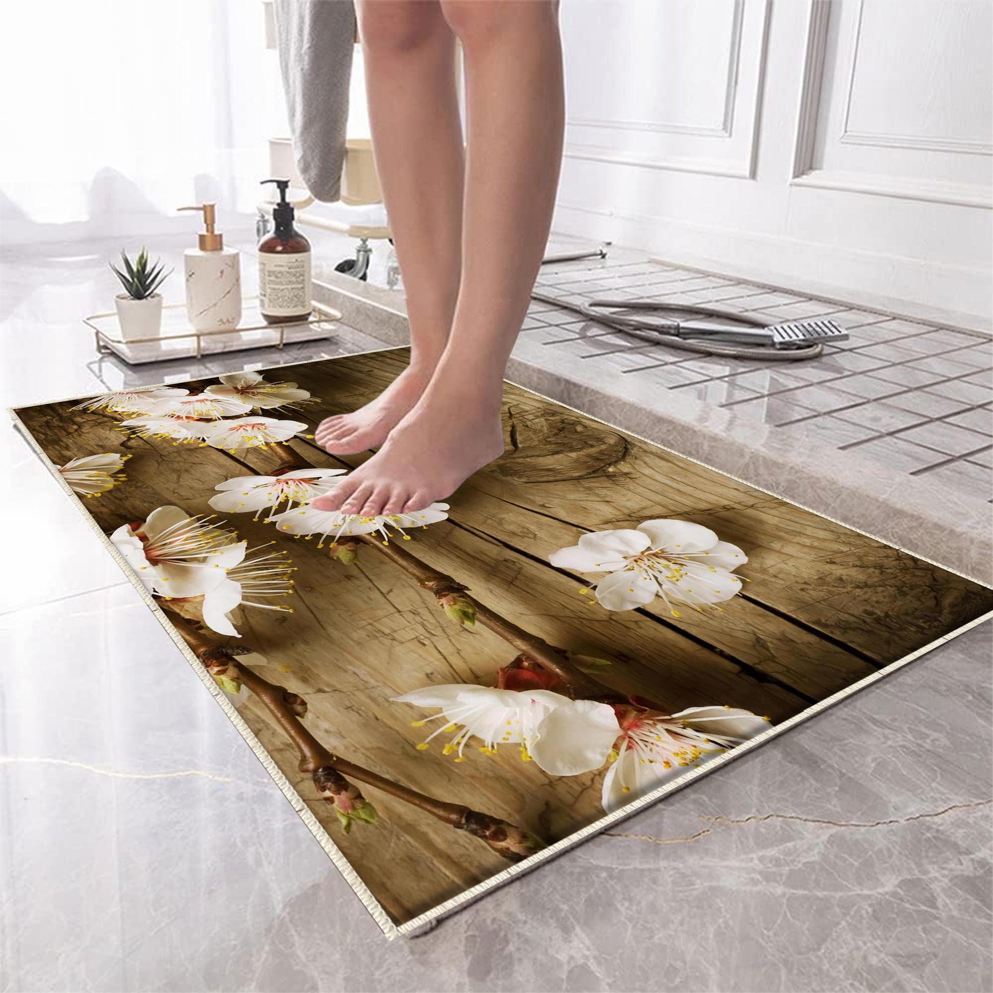 Wood on White Flowers Branch Bathroom Rug - Floral Non Slip Bath Mat, Quick Dry Washable Toilet Mat, Soft Modern Bathroom Decor