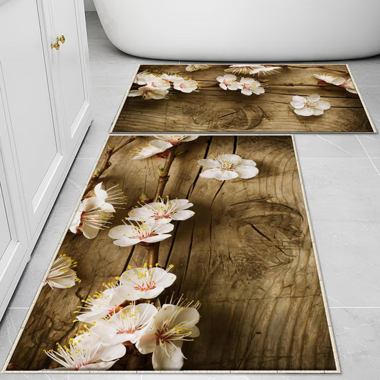 Wood on White Flowers Branch Bathroom Rug - Floral Non Slip Bath Mat, Quick Dry Washable Toilet Mat, Soft Modern Bathroom Decor