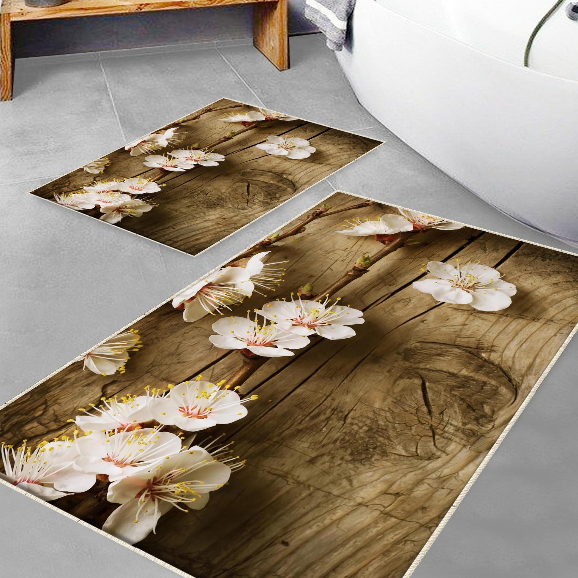 Wood on White Flowers Branch Bathroom Rug - Floral Non Slip Bath Mat, Quick Dry Washable Toilet Mat, Soft Modern Bathroom Decor