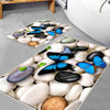 Black White Pebble Stones Blue Butterfly Bathroom Rug - Floral Non Slip Bath Mat, Quick Dry Washable Toilet Mat, Soft Modern Bathroom Decor