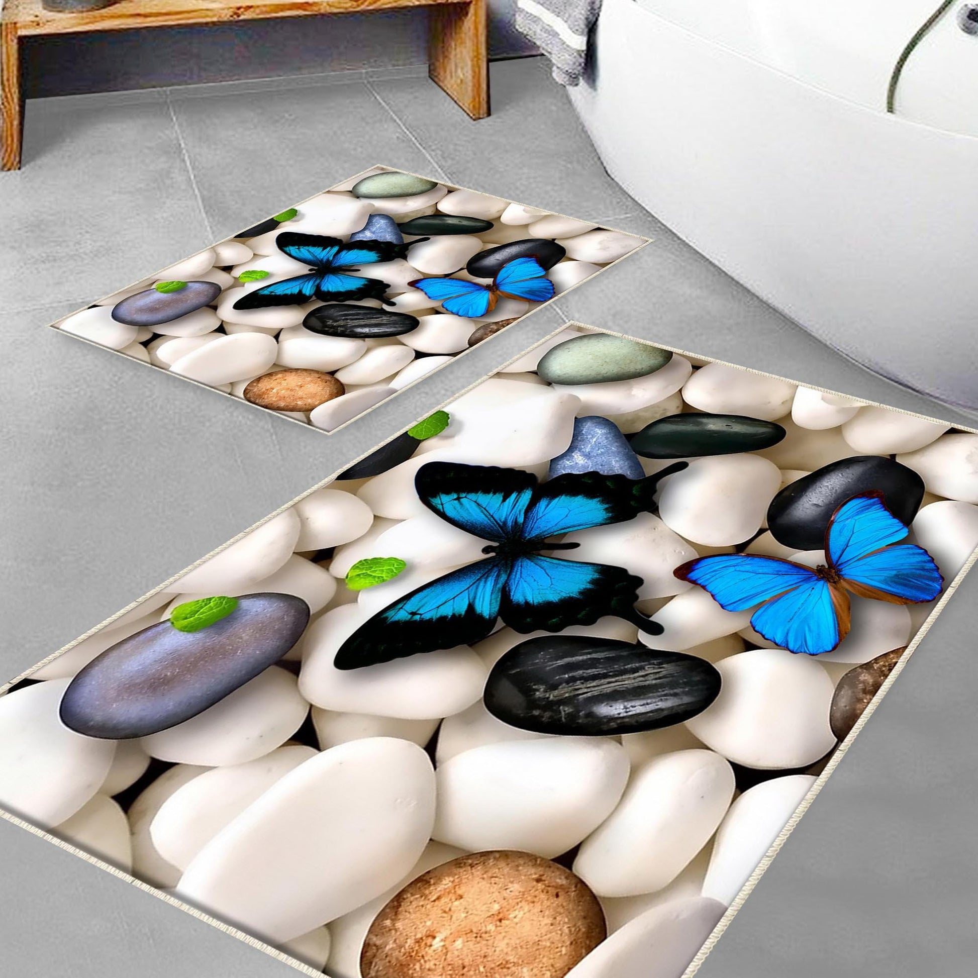 Black White Pebble Stones Blue Butterfly Bathroom Rug - Floral Non Slip Bath Mat, Quick Dry Washable Toilet Mat, Soft Modern Bathroom Decor