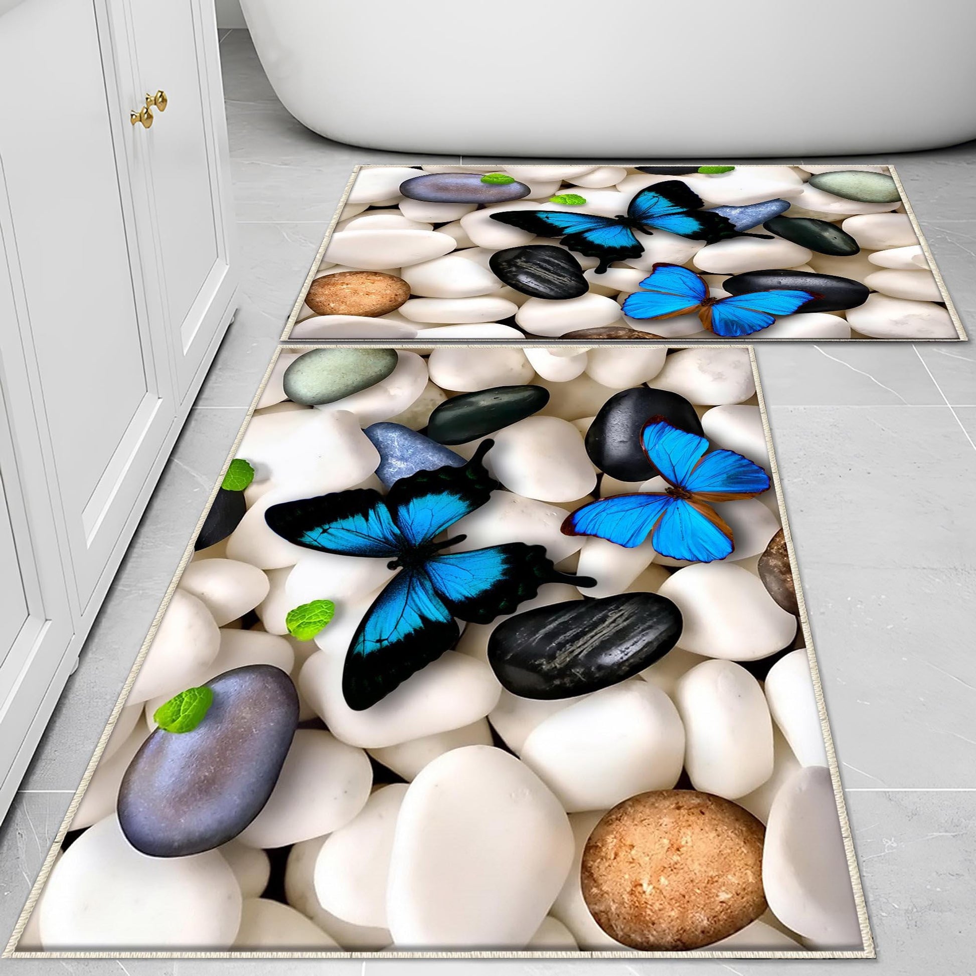 Black White Pebble Stones Blue Butterfly Bathroom Rug - Floral Non Slip Bath Mat, Quick Dry Washable Toilet Mat, Soft Modern Bathroom Decor