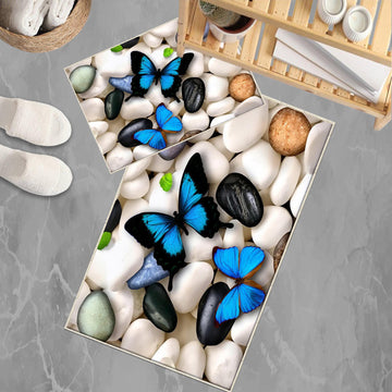 Black White Pebble Stones Blue Butterfly Bathroom Rug - Floral Non Slip Bath Mat, Quick Dry Washable Toilet Mat, Soft Modern Bathroom Decor