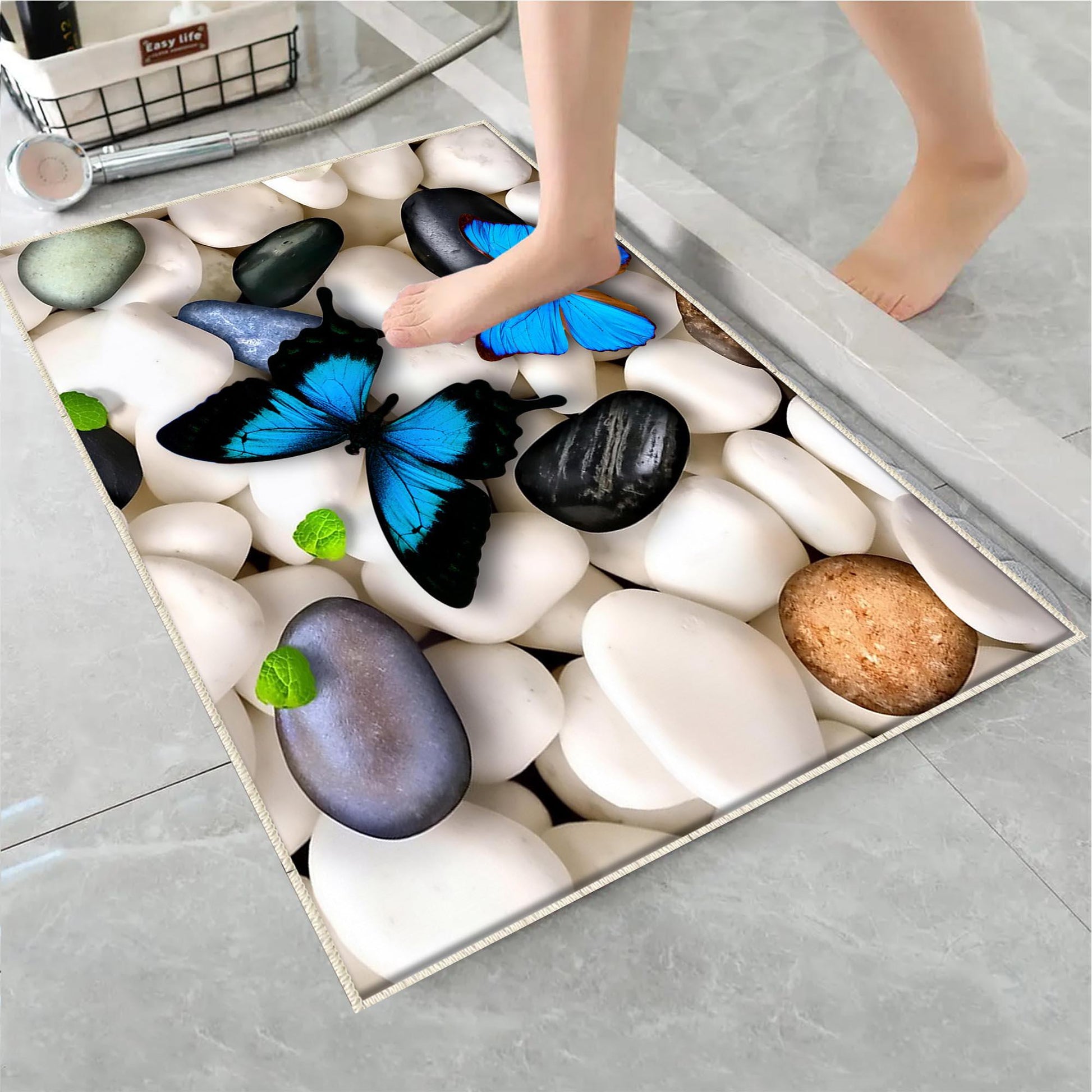 Black White Pebble Stones Blue Butterfly Bathroom Rug - Floral Non Slip Bath Mat, Quick Dry Washable Toilet Mat, Soft Modern Bathroom Decor
