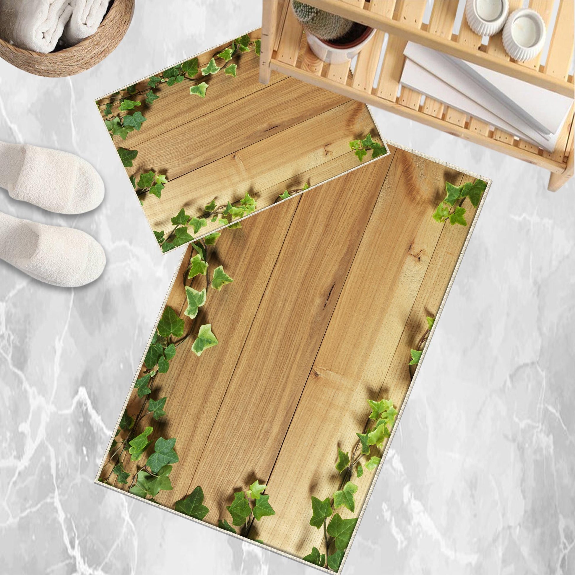 Wood on Green ivy leaves Bathroom Rug - Floral Non Slip Bath Mat, Quick Dry Washable Toilet Mat, Soft Modern Bathroom Decor