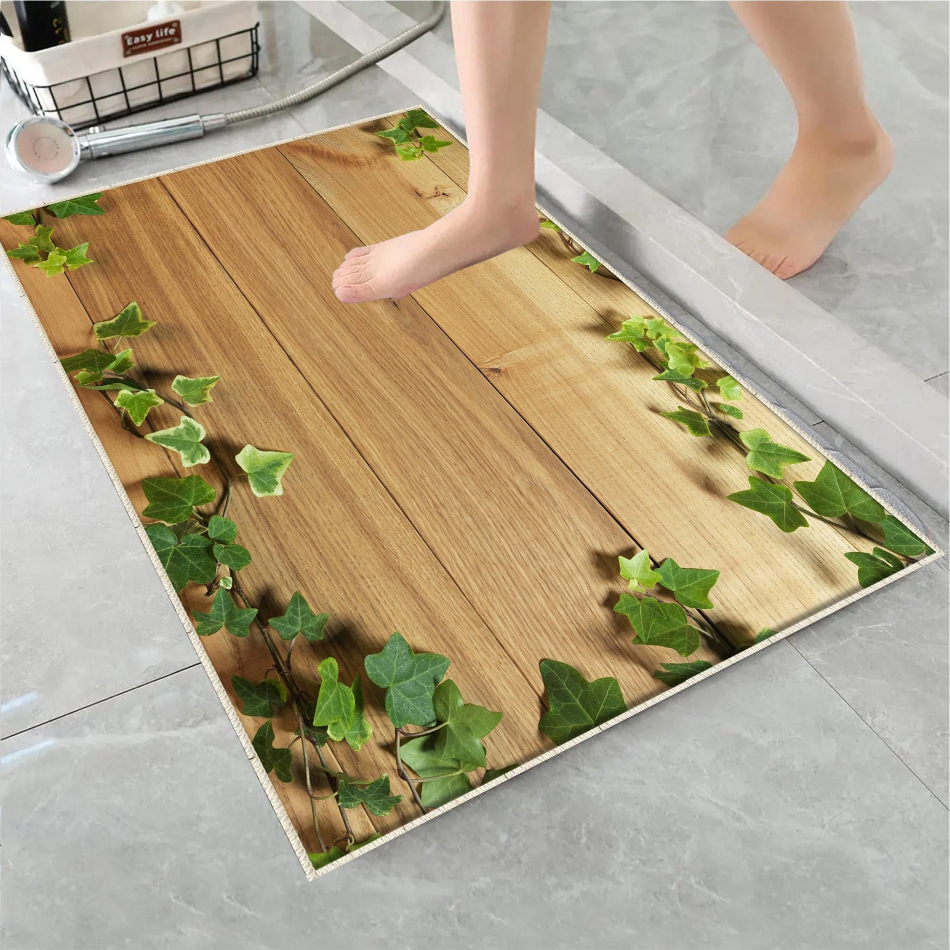 Wood on Green ivy leaves Bathroom Rug - Floral Non Slip Bath Mat, Quick Dry Washable Toilet Mat, Soft Modern Bathroom Decor