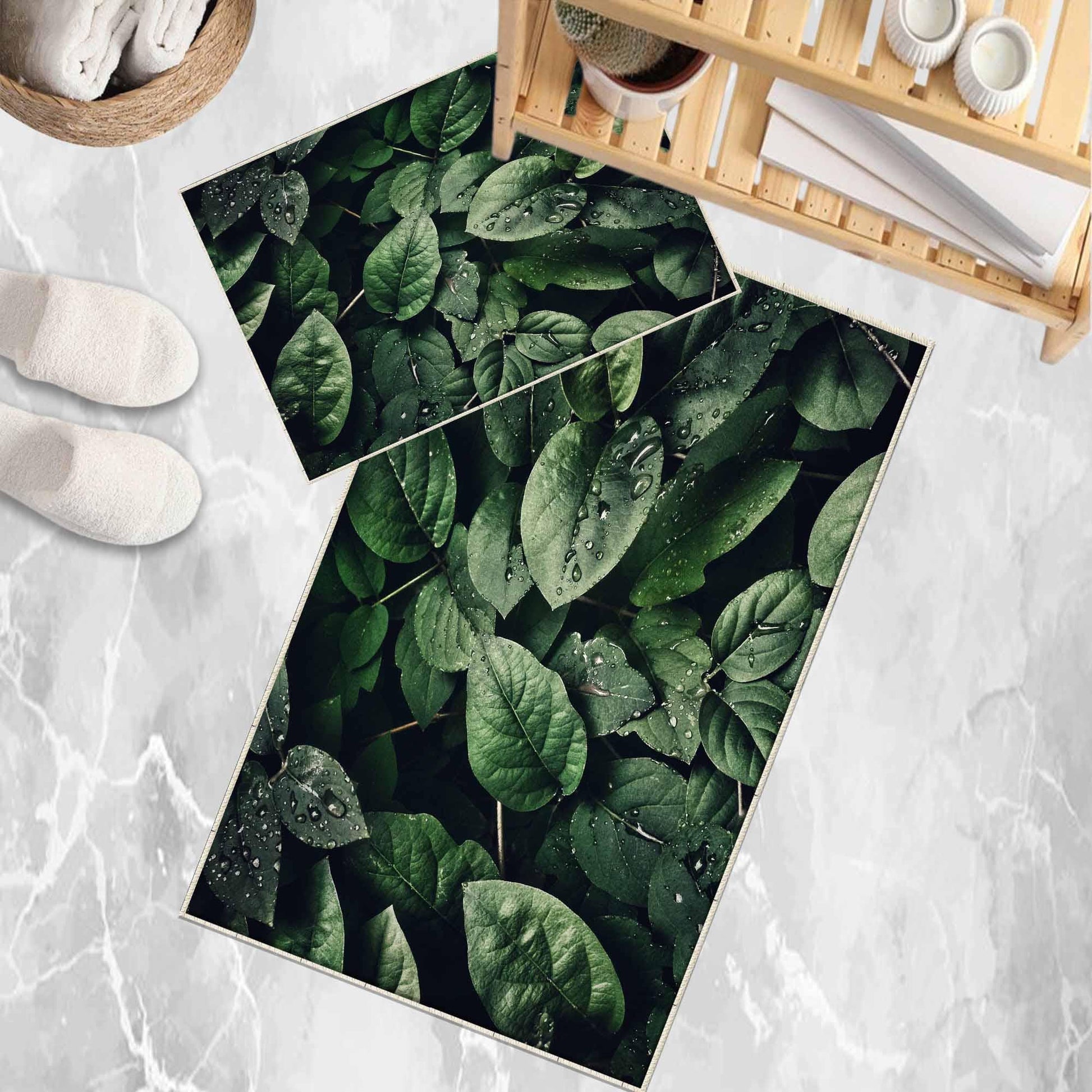 Green Tropical Leaves Floral Bathroom Rug - Modern Non Slip Bath Mat, Quick Dry Washable Toilet Mat, Soft Modern Bathroom Decor