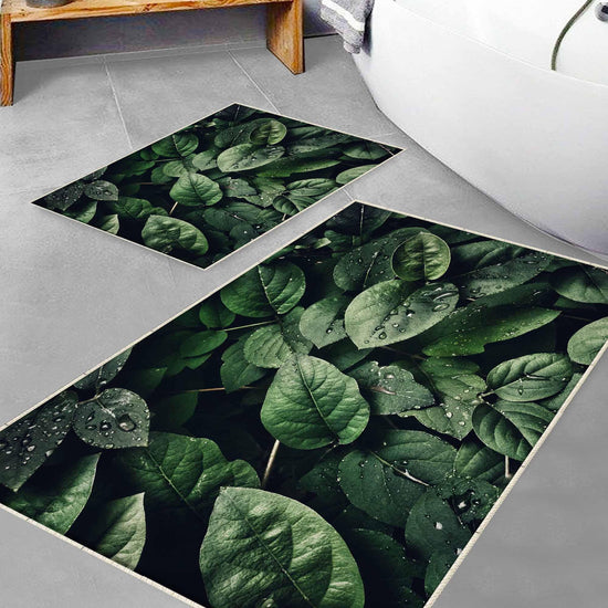 Green Tropical Leaves Floral Bathroom Rug - Modern Non Slip Bath Mat, Quick Dry Washable Toilet Mat, Soft Modern Bathroom Decor