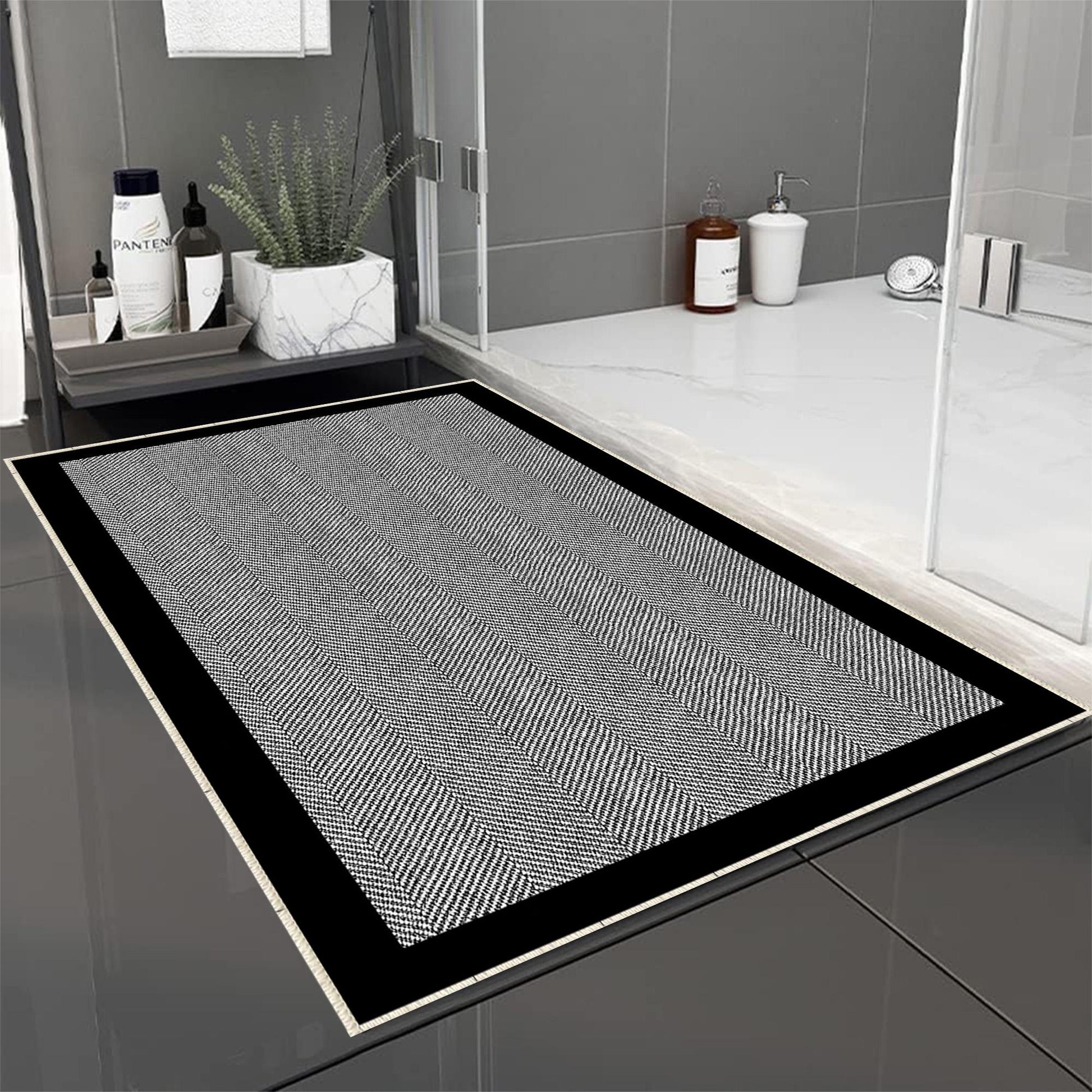 Black Border White Lines Bathroom Rug - Geometric Non Slip Bath Mat, Quick Dry Washable Toilet Mat, Soft Modern Floral Bathroom Decor