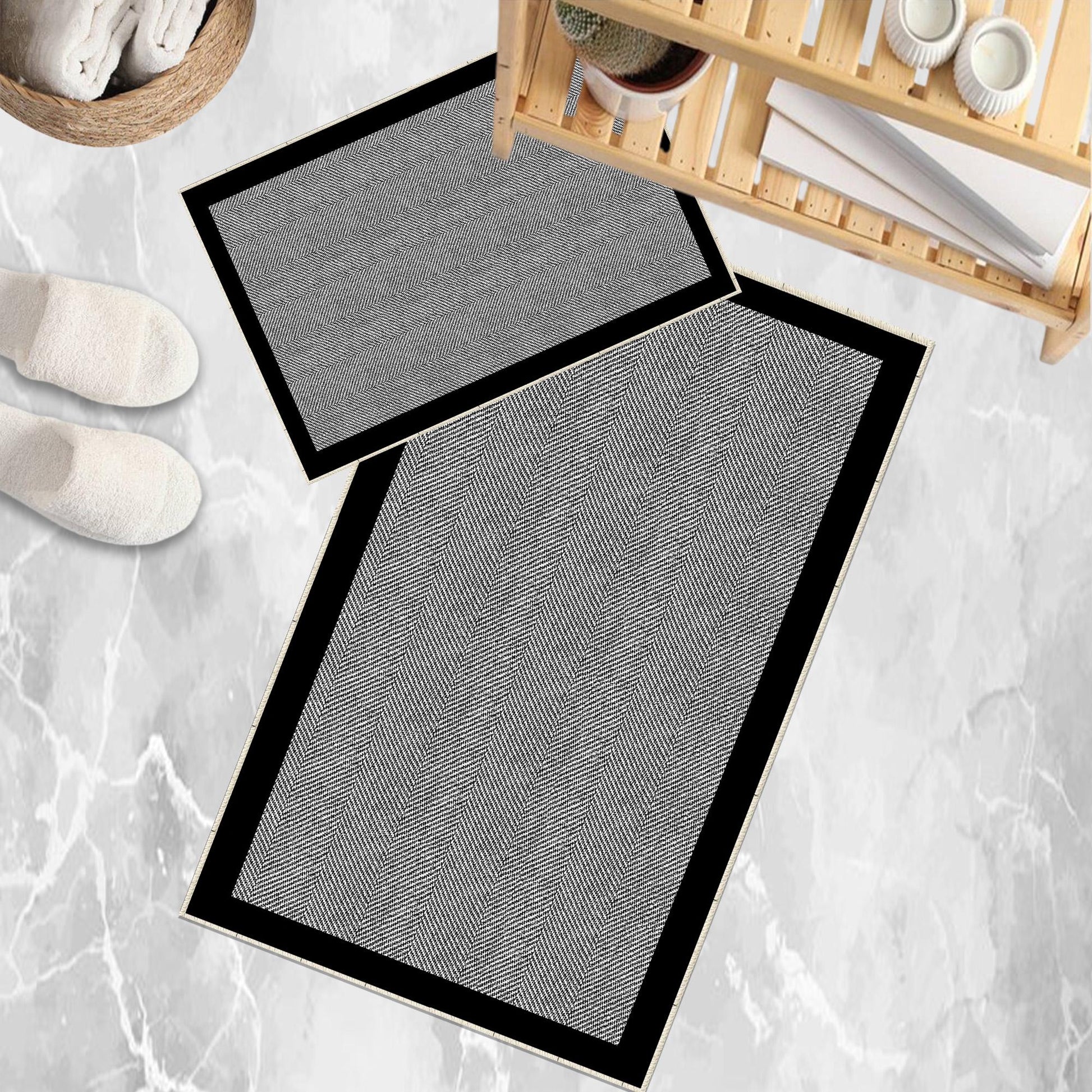 Black Border White Lines Bathroom Rug - Geometric Non Slip Bath Mat, Quick Dry Washable Toilet Mat, Soft Modern Floral Bathroom Decor