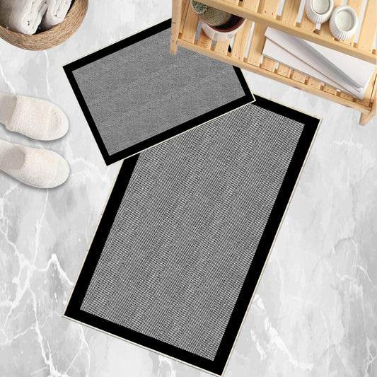 Black Border White Lines Bathroom Rug - Geometric Non Slip Bath Mat, Quick Dry Washable Toilet Mat, Soft Modern Floral Bathroom Decor