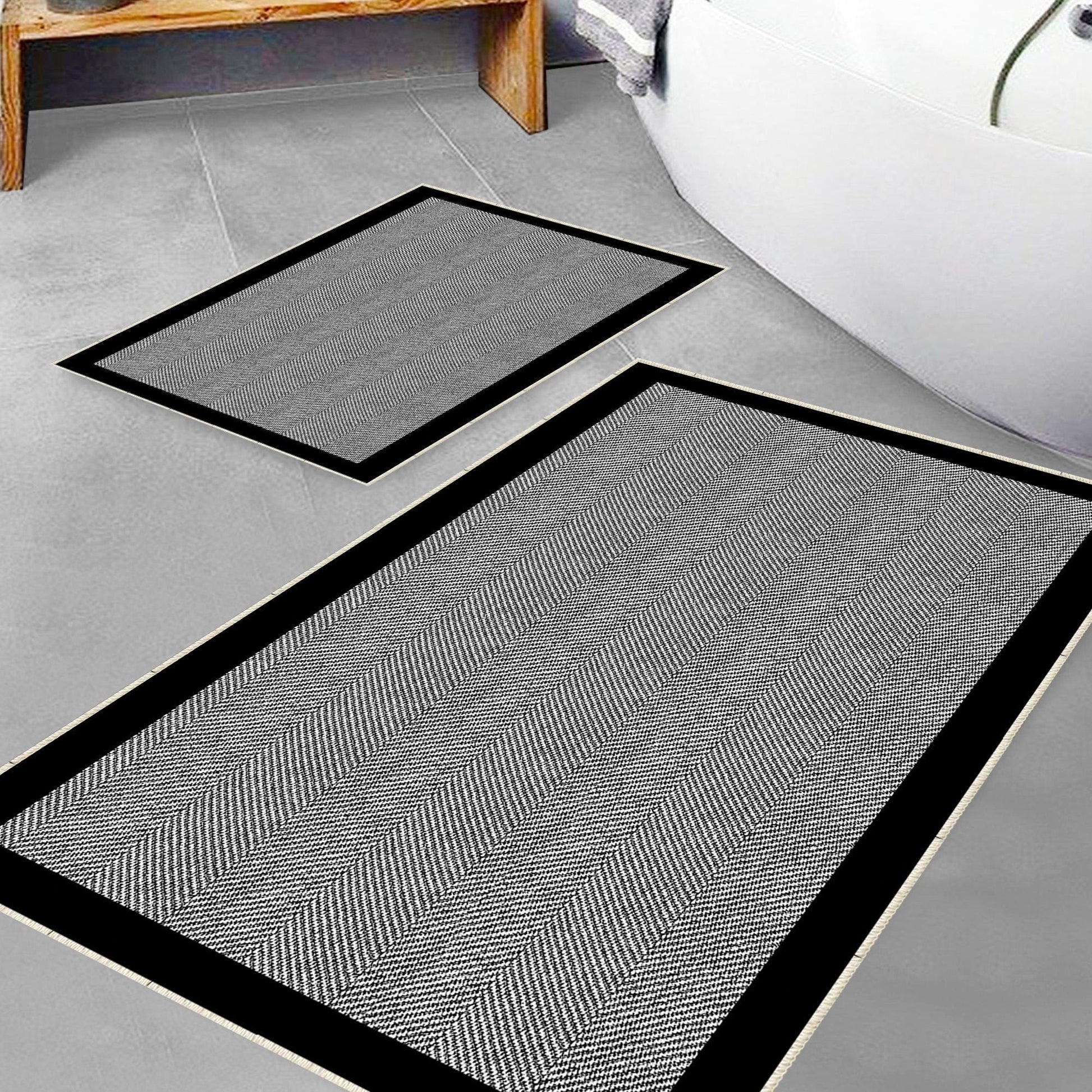 Black Border White Lines Bathroom Rug - Geometric Non Slip Bath Mat, Quick Dry Washable Toilet Mat, Soft Modern Floral Bathroom Decor