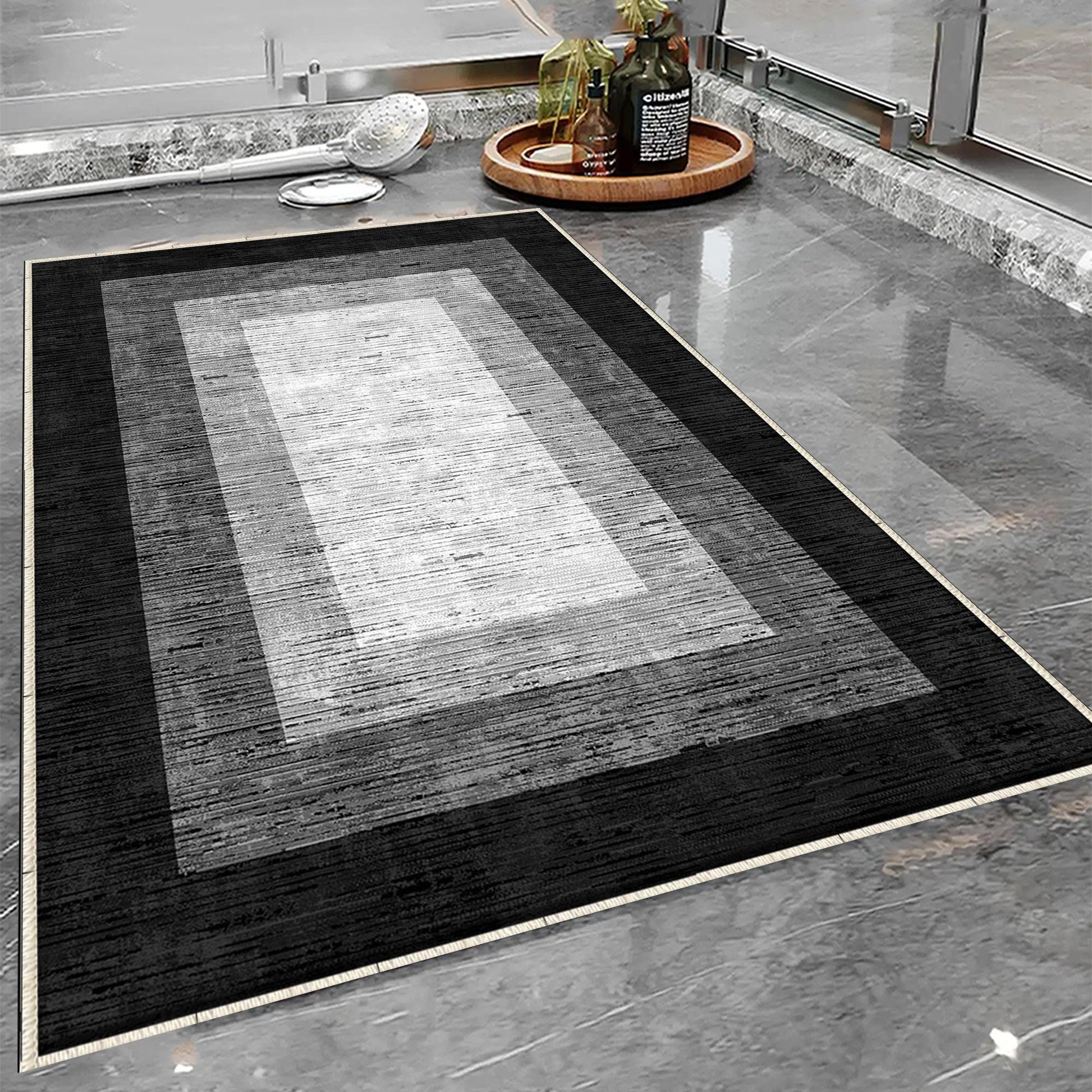 Black Gray Border Bathroom Rug - Geometric Non Slip Bath Mat, Quick Dry Washable Toilet Mat, Soft Modern Floral Bathroom Decor