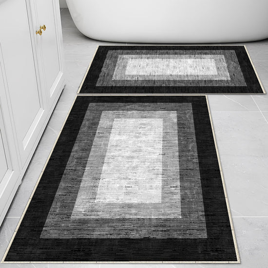 Black Gray Border Bathroom Rug - Geometric Non Slip Bath Mat, Quick Dry Washable Toilet Mat, Soft Modern Floral Bathroom Decor