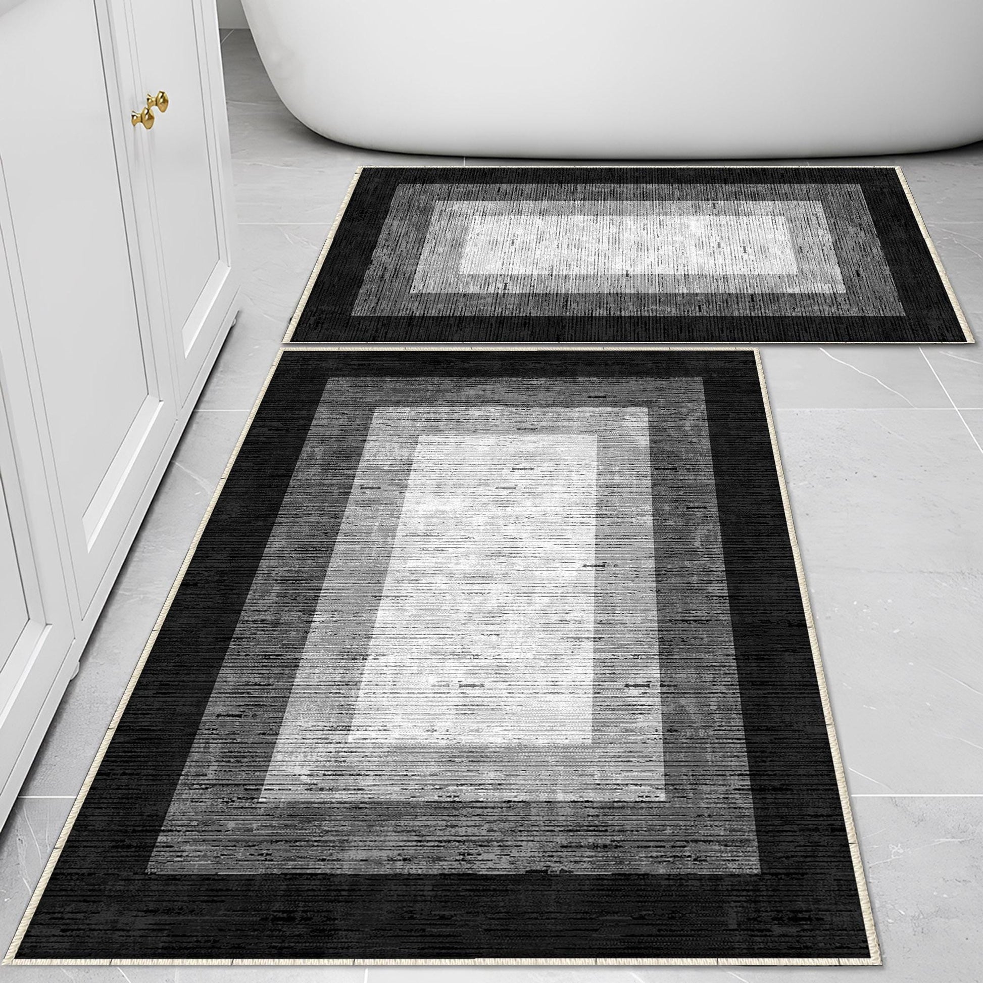 Black Gray Border Bathroom Rug - Geometric Non Slip Bath Mat, Quick Dry Washable Toilet Mat, Soft Modern Floral Bathroom Decor