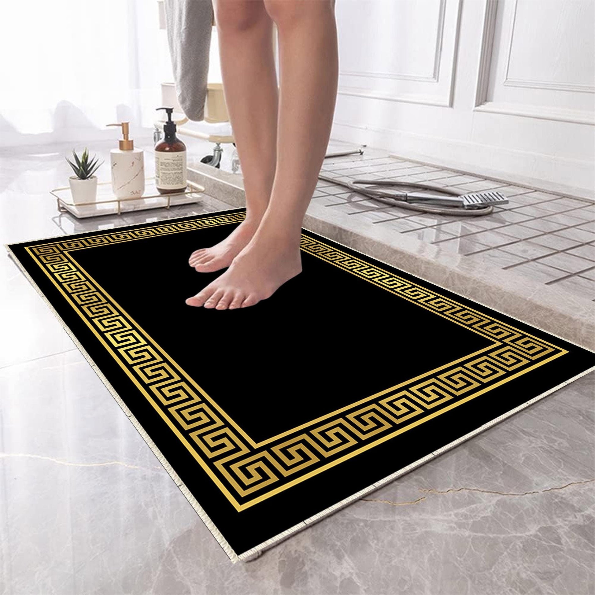 Black Gold Greek Key Bathroom Rug - Geometric Non Slip Bath Mat, Quick Dry Washable Toilet Mat, Soft Modern Floral Bathroom Decor