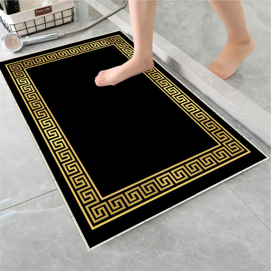 Black Gold Greek Key Bathroom Rug - Geometric Non Slip Bath Mat, Quick Dry Washable Toilet Mat, Soft Modern Floral Bathroom Decor