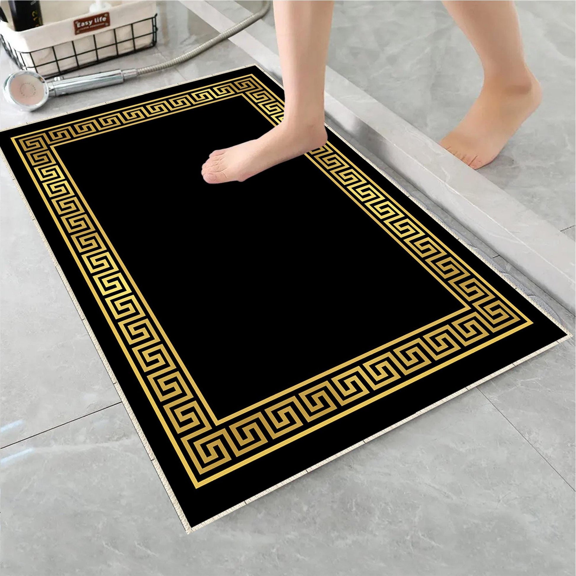 Black Gold Greek Key Bathroom Rug - Geometric Non Slip Bath Mat, Quick Dry Washable Toilet Mat, Soft Modern Floral Bathroom Decor