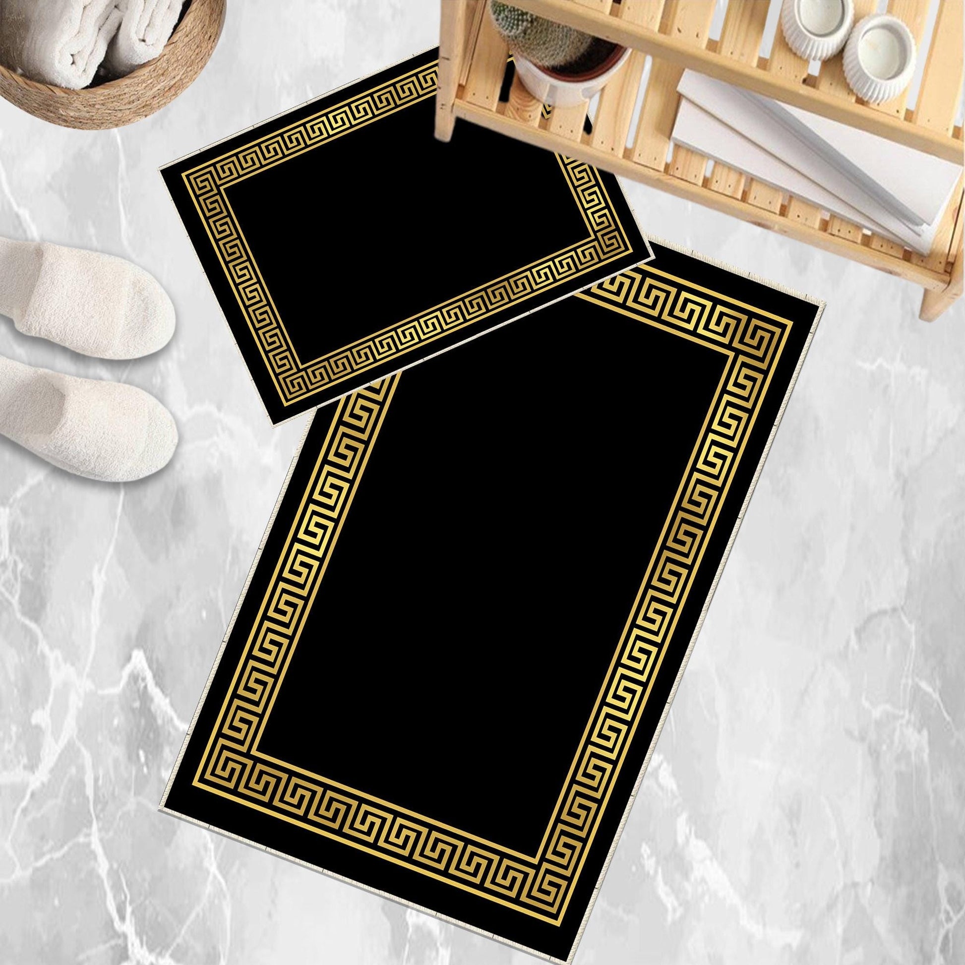 Black Gold Greek Key Bathroom Rug - Geometric Non Slip Bath Mat, Quick Dry Washable Toilet Mat, Soft Modern Floral Bathroom Decor