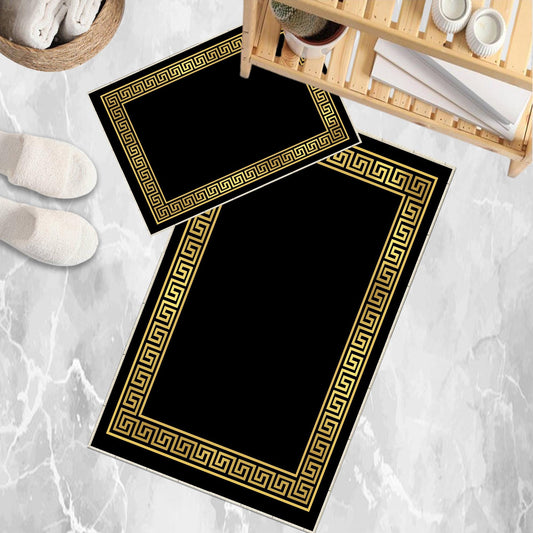 Black Gold Greek Key Bathroom Rug - Geometric Non Slip Bath Mat, Quick Dry Washable Toilet Mat, Soft Modern Floral Bathroom Decor