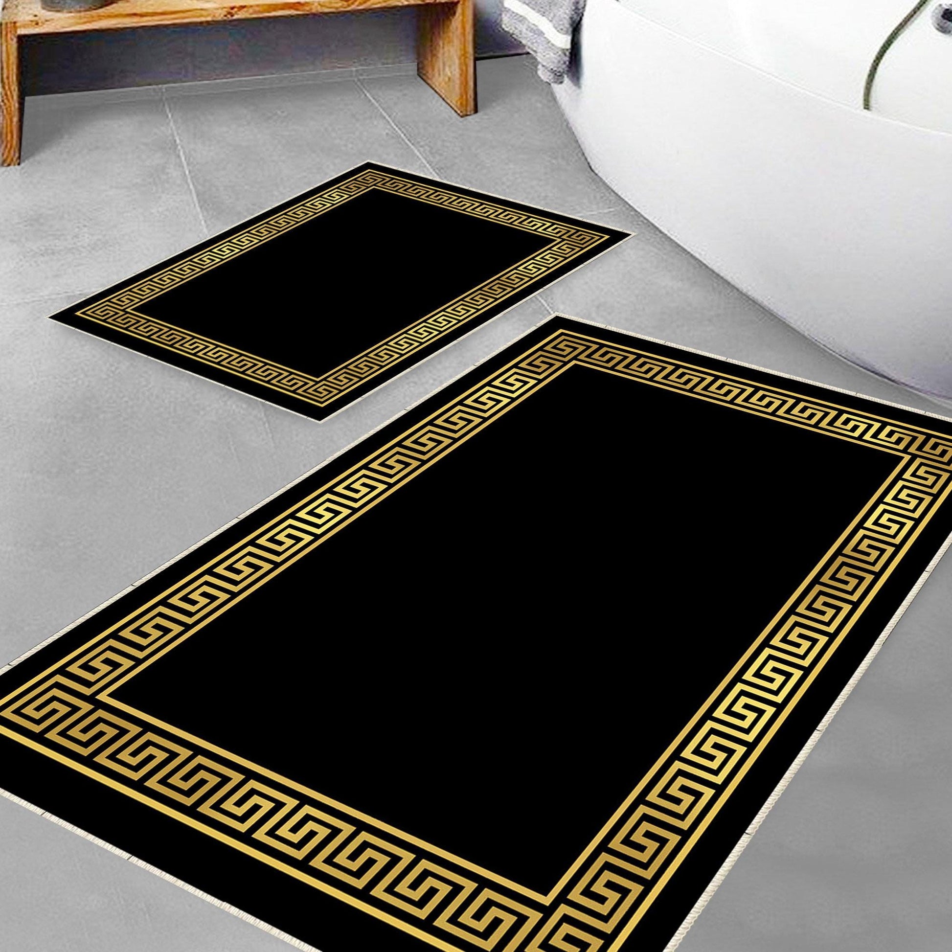 Black Gold Greek Key Bathroom Rug - Geometric Non Slip Bath Mat, Quick Dry Washable Toilet Mat, Soft Modern Floral Bathroom Decor