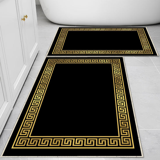 Black Gold Greek Key Bathroom Rug - Geometric Non Slip Bath Mat, Quick Dry Washable Toilet Mat, Soft Modern Floral Bathroom Decor