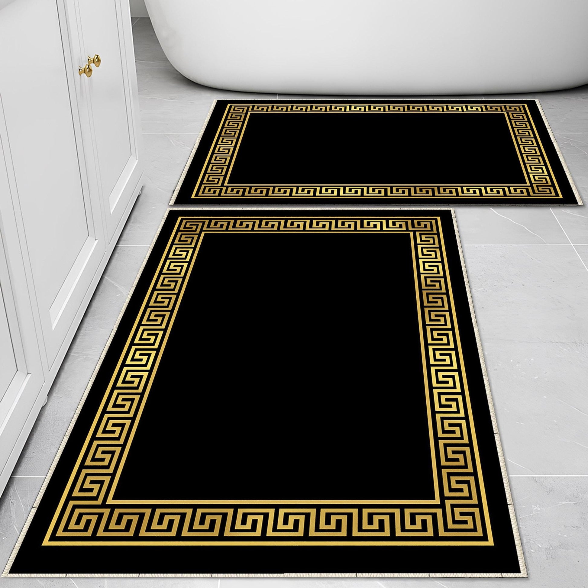 Black Gold Greek Key Bathroom Rug - Geometric Non Slip Bath Mat, Quick Dry Washable Toilet Mat, Soft Modern Floral Bathroom Decor
